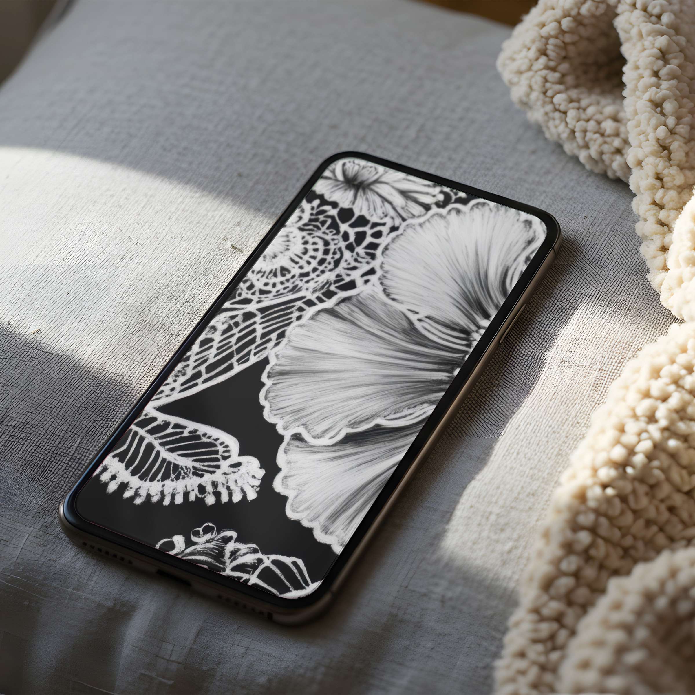 Elegant floral phone wallpaper in high resolution, featuring intricate black and white design, perfect for iPhone and Android digital download