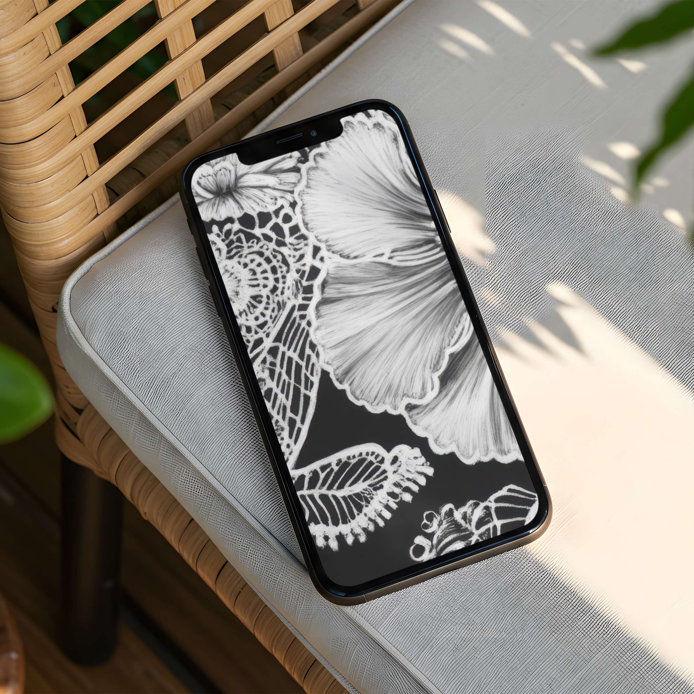 Elegant black and white floral iPhone background on woven chair exudes calm, fits iPhone and Android phones, instant download