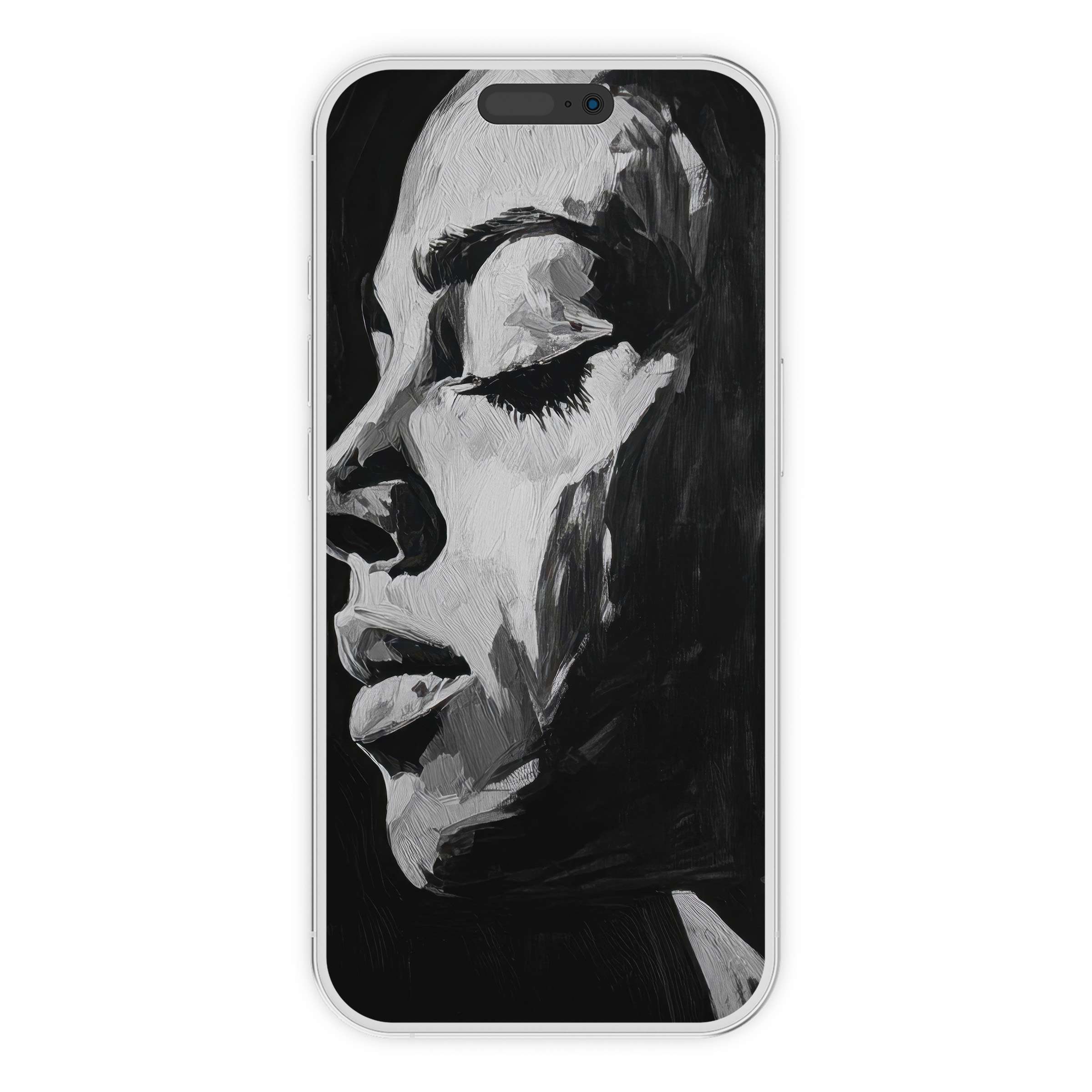 Elegant black and white iPhone wallpaper featuring serene abstract portrait, perfect phone background for a calm digital download