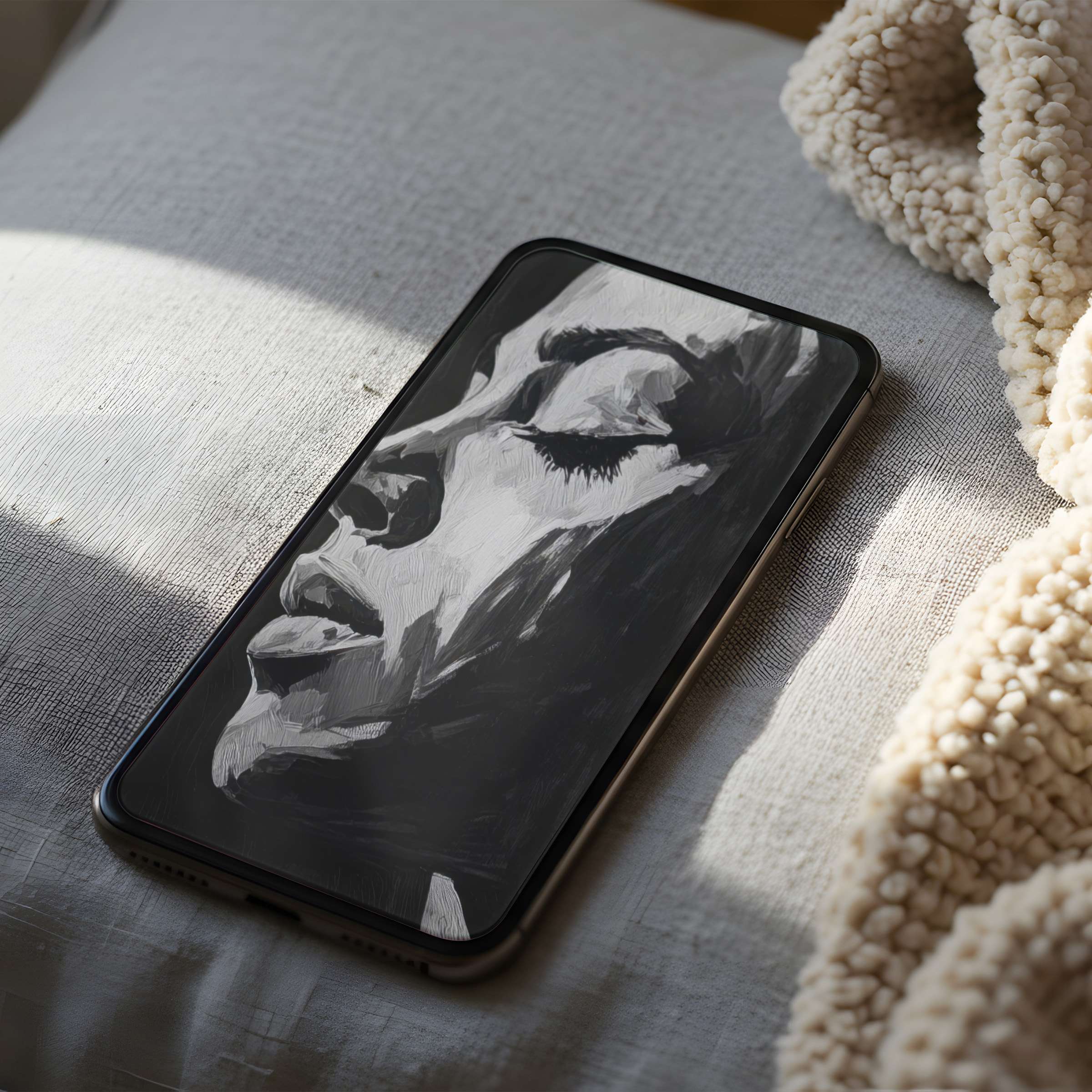 Elegant monochrome portrait in textured style graces a phone wallpaper, perfect for iPhone or android digital download, enhancing serenity