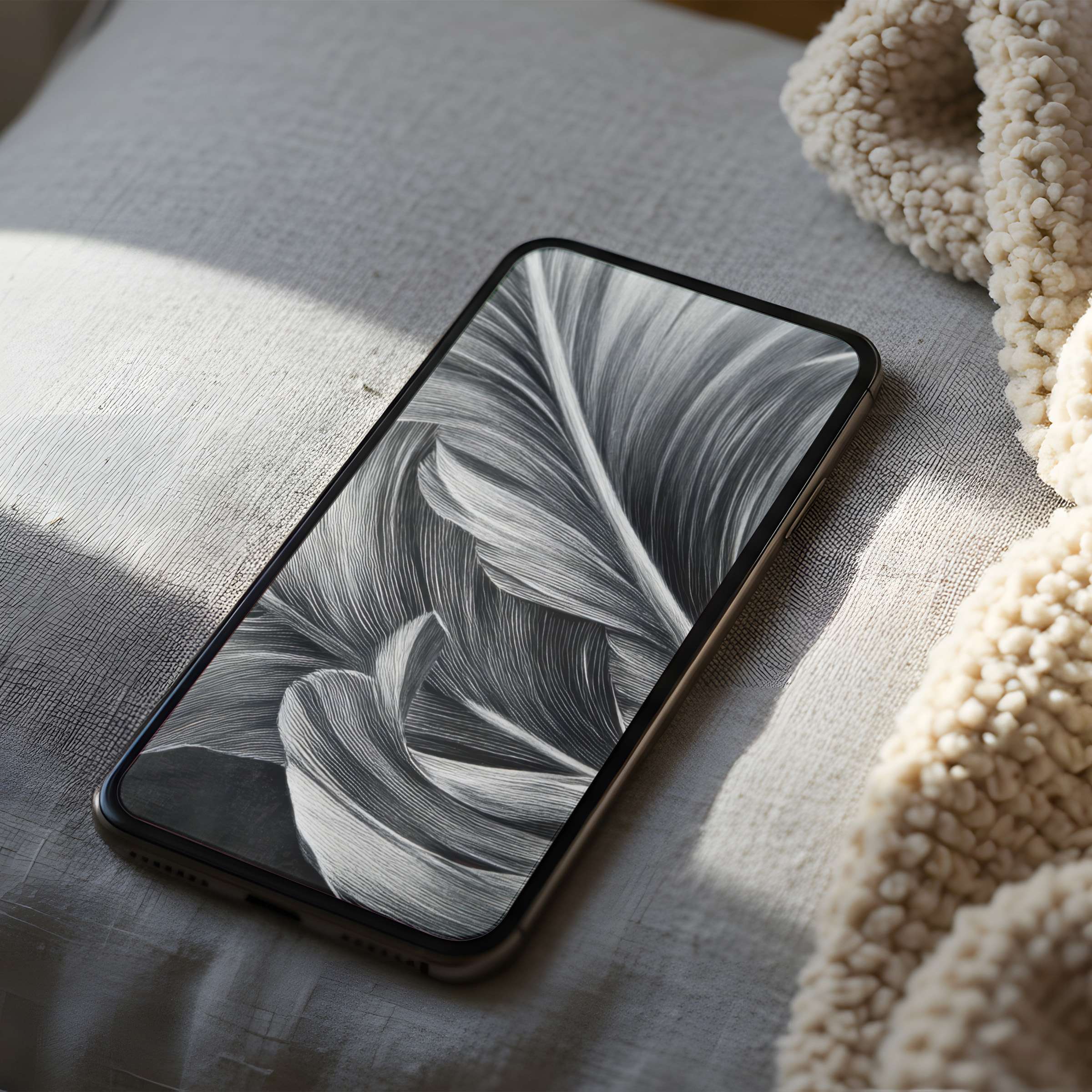 Elegant black and white feather motif phone wallpaper offers calm sophistication; perfect high-resolution digital download for iPhone and Android