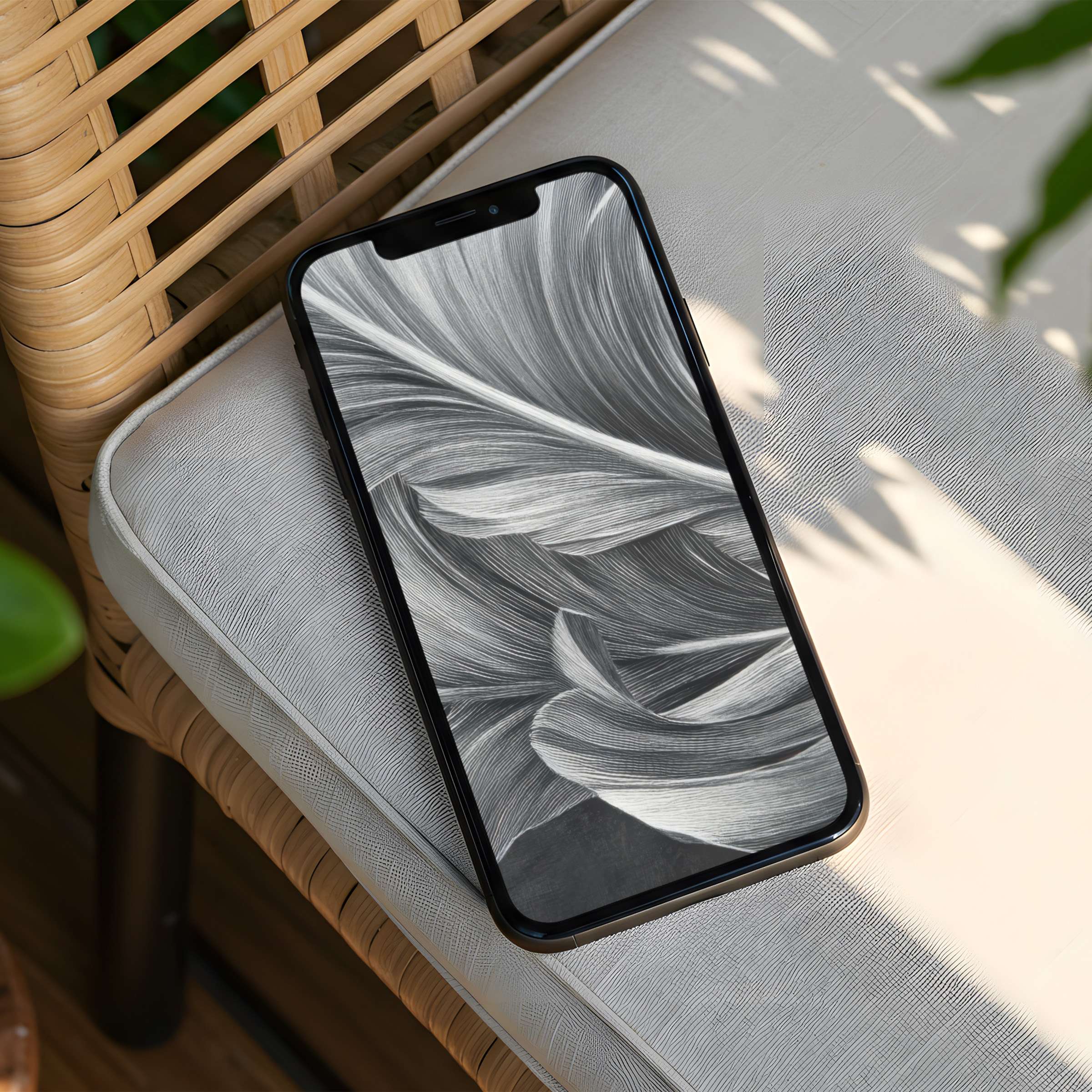 Elegant black and white leaf art iPhone background for instant download inspires calm and fits any phone with sustainable style