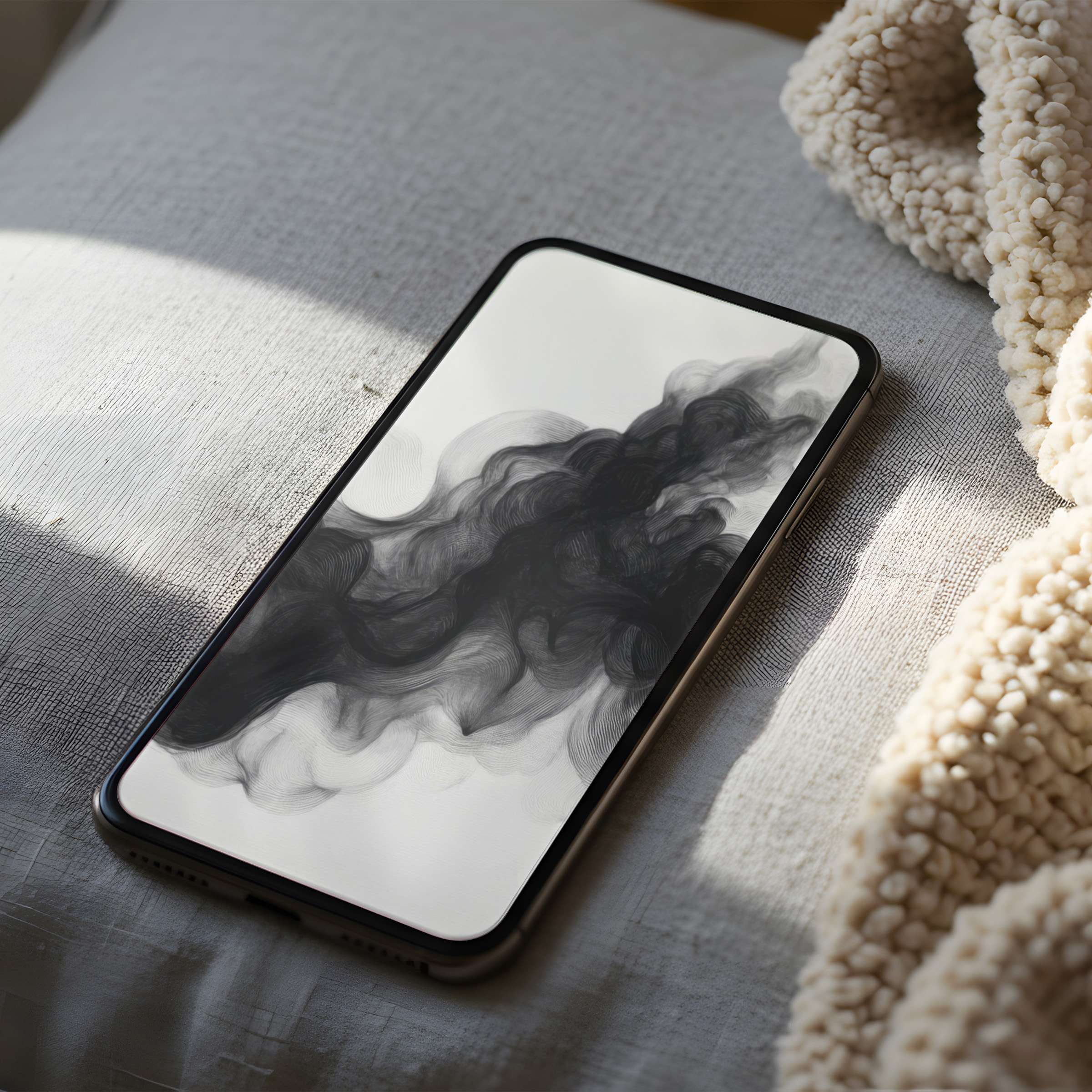 Elegant phone wallpaper with swirling black ink design on cozy fabric background, perfect high-resolution digital download for iPhone