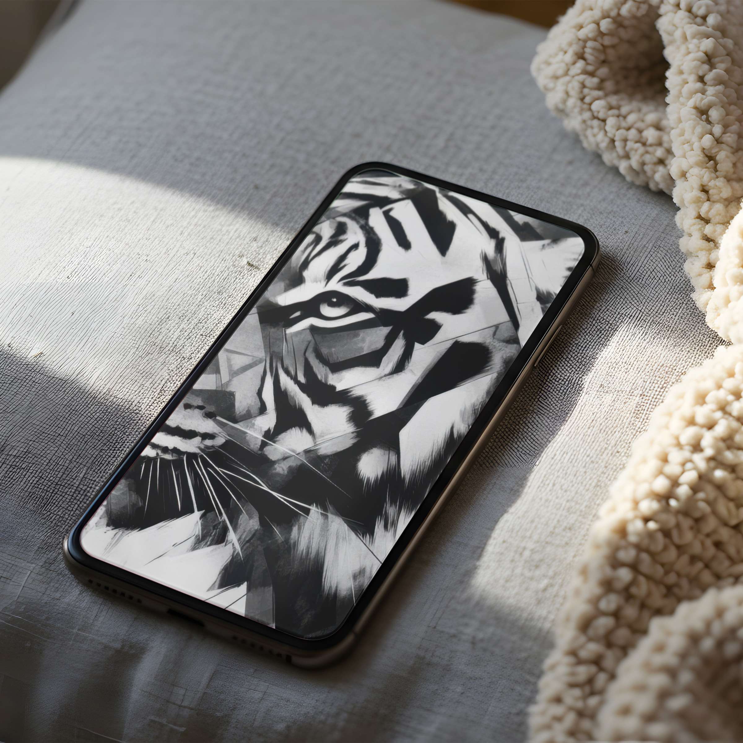 Elegant black-and-white tiger phone wallpaper on iPhone evokes calm and style curated for high-resolution digital download users