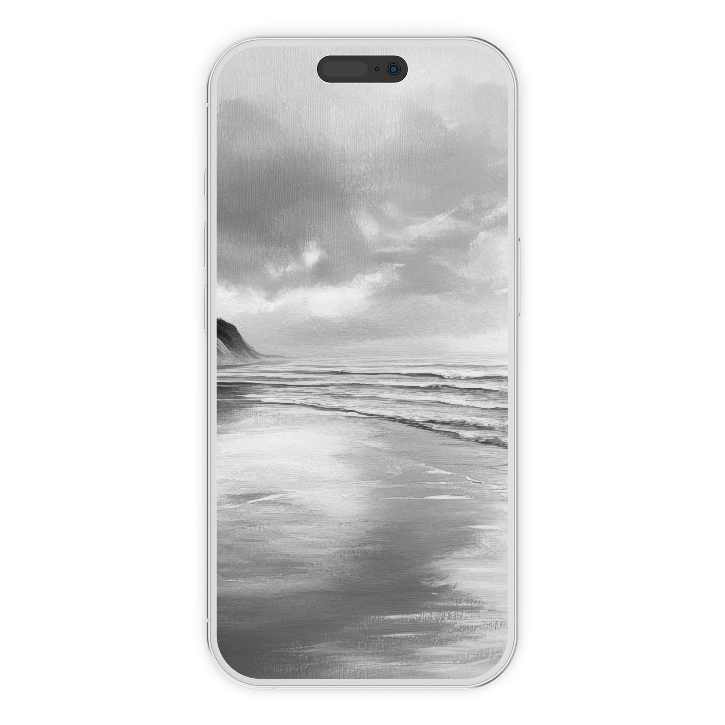 Serene black and white iPhone wallpaper with digital download, featuring tranquil waves and clouds as a phone background, calming ambiance