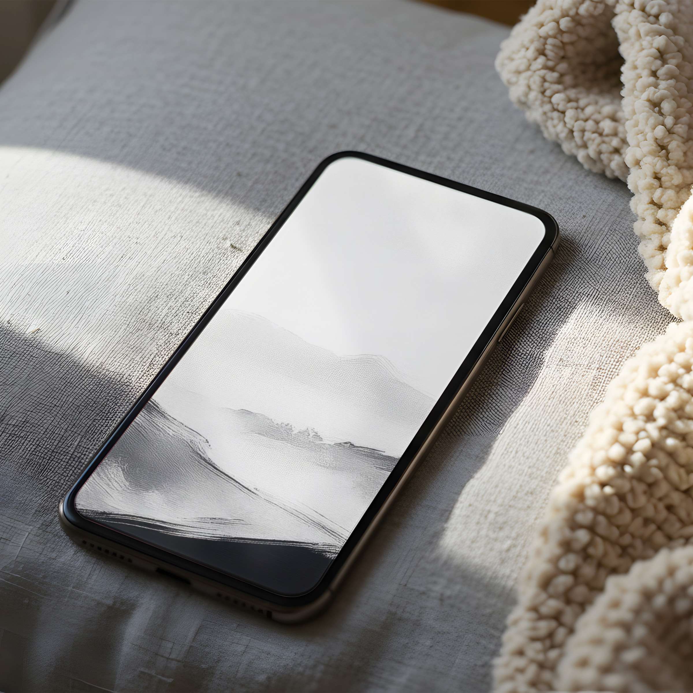 Elegant monochrome mountain landscape phone wallpaper for iPhone and Android enhances calm interiors with high-resolution digital download