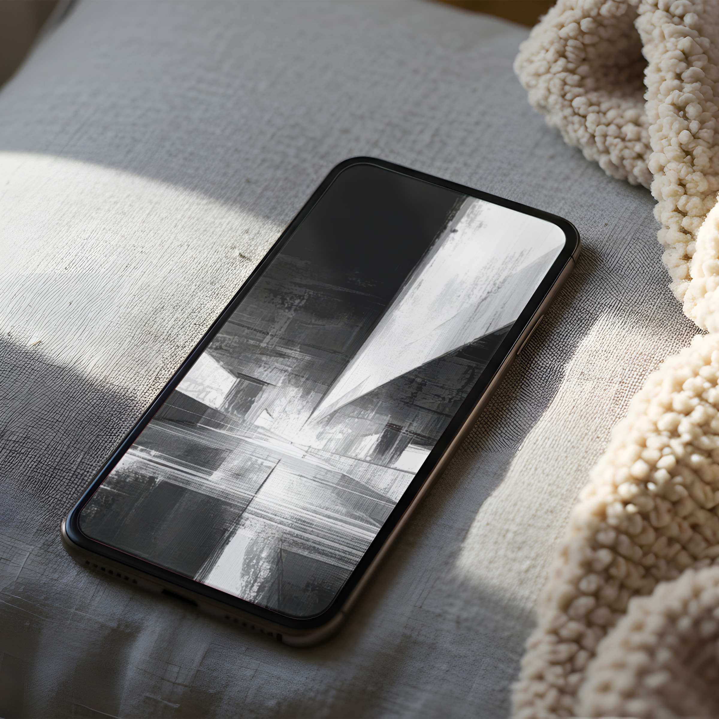 Modern abstract phone wallpaper in monochrome tones, perfect for high resolution digital download, complements any iPhone or Android device