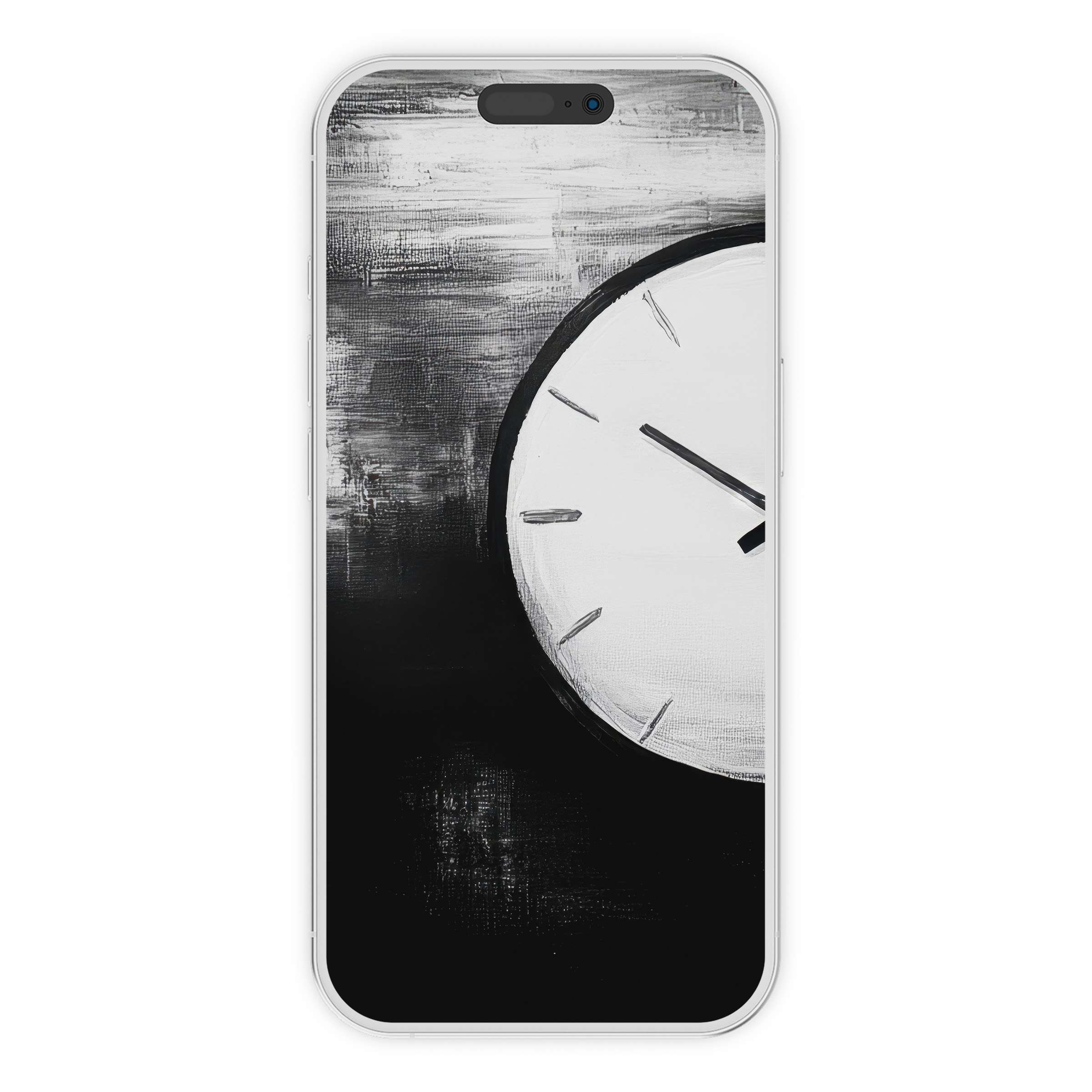 Elegant black and white iPhone wallpaper featuring abstract clock art, a calming digital download phone background for modern aesthetics