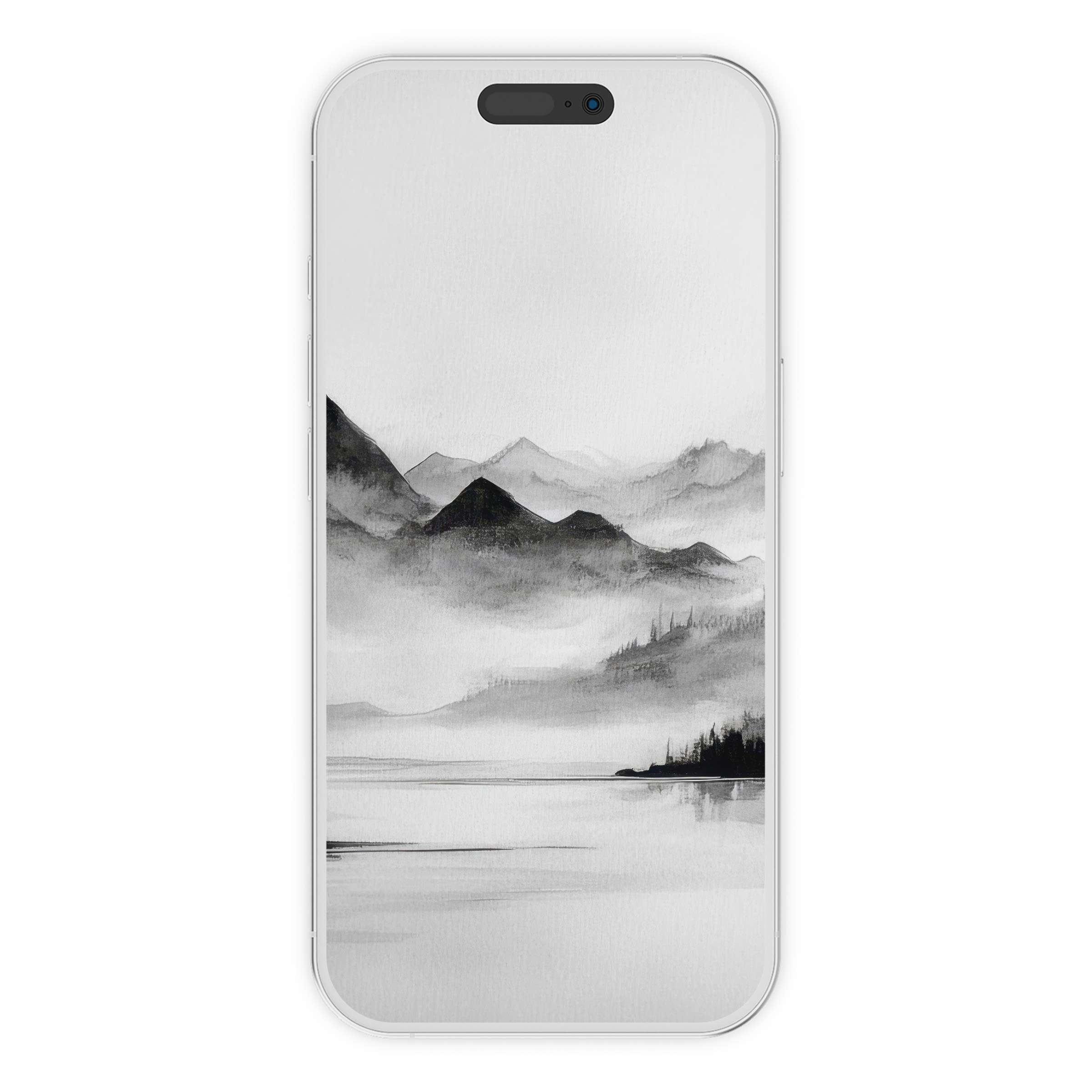 Elegant black and white iPhone wallpaper depicts serene misty mountains in watercolor, ideal digital download for phone background