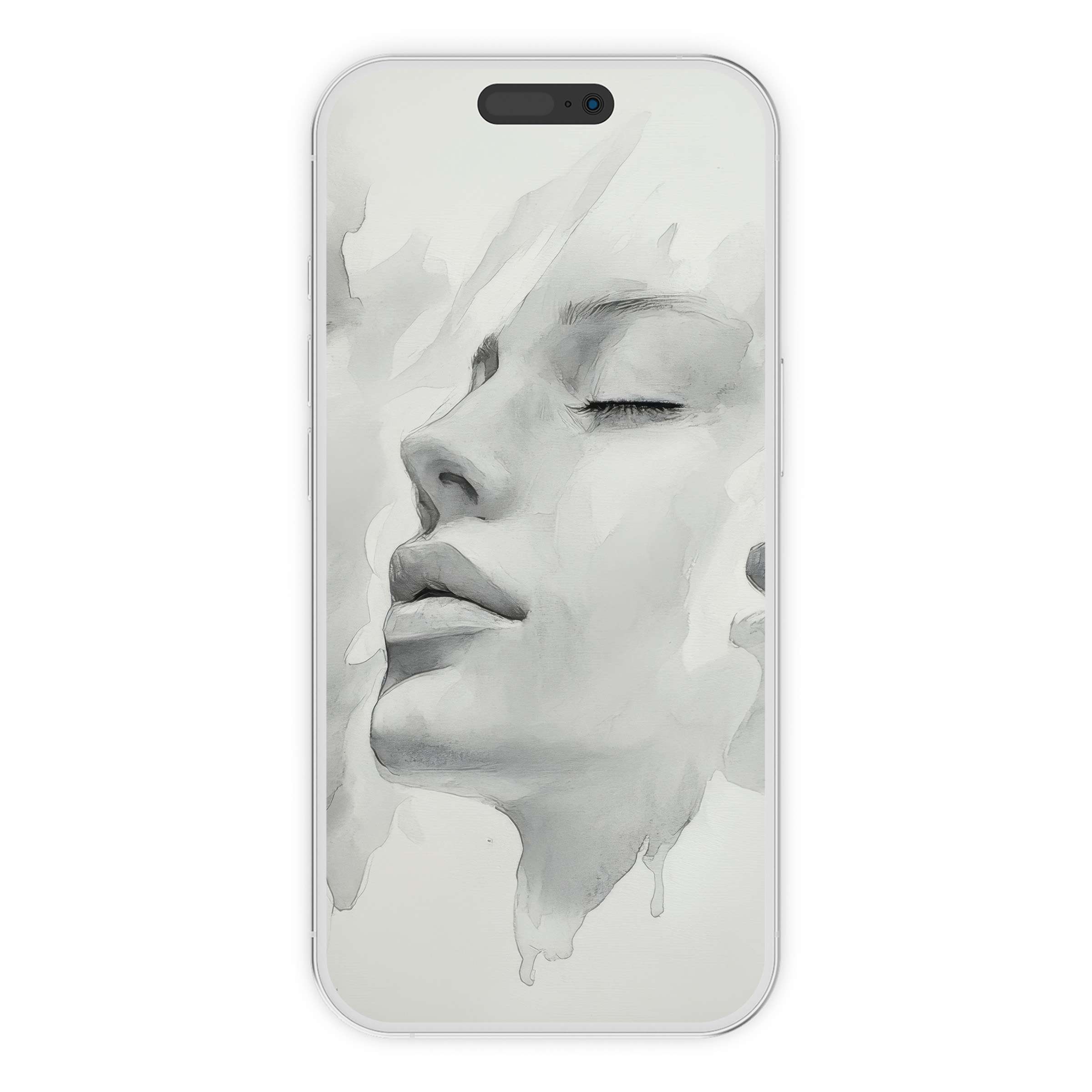 Elegant black and white iPhone wallpaper featuring serene watercolor portrait digital download perfect phone background for calm ambiance