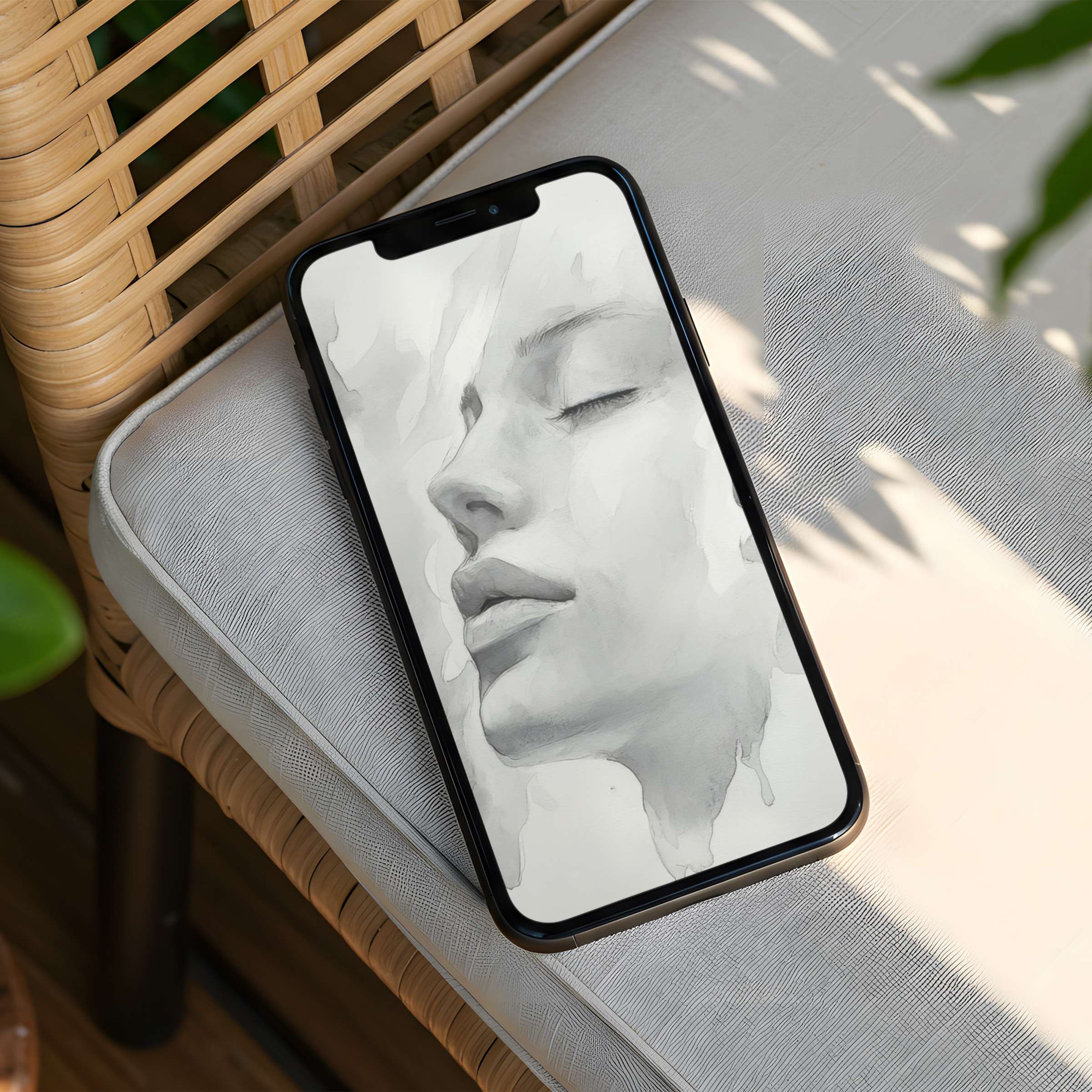 Elegant watercolor portrait iPhone background evokes calm and mindfulness, perfect for instant download on any phone and Android devices