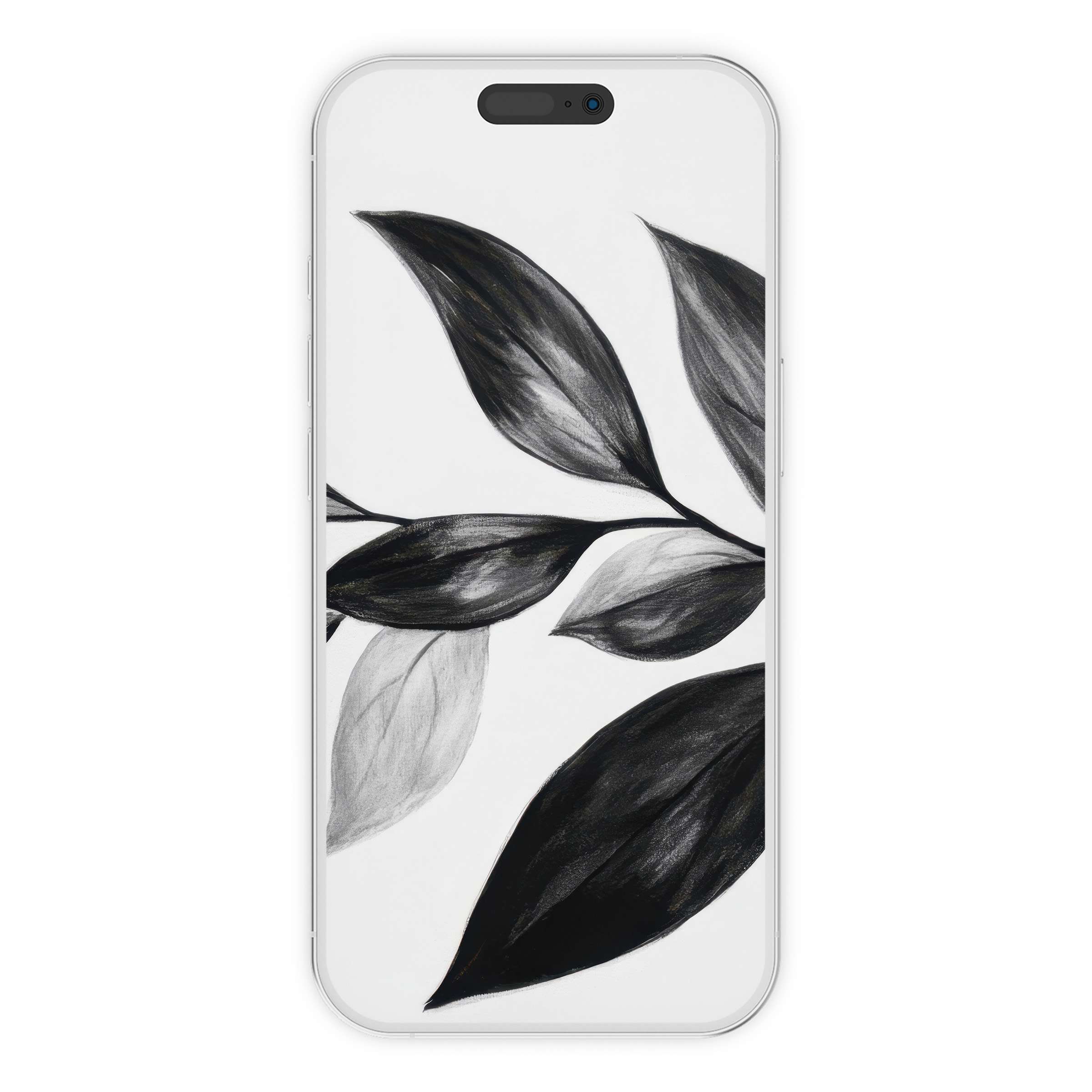 Elegant black and white iPhone wallpaper featuring artistic leaf design, perfect digital download for phone background aesthetics