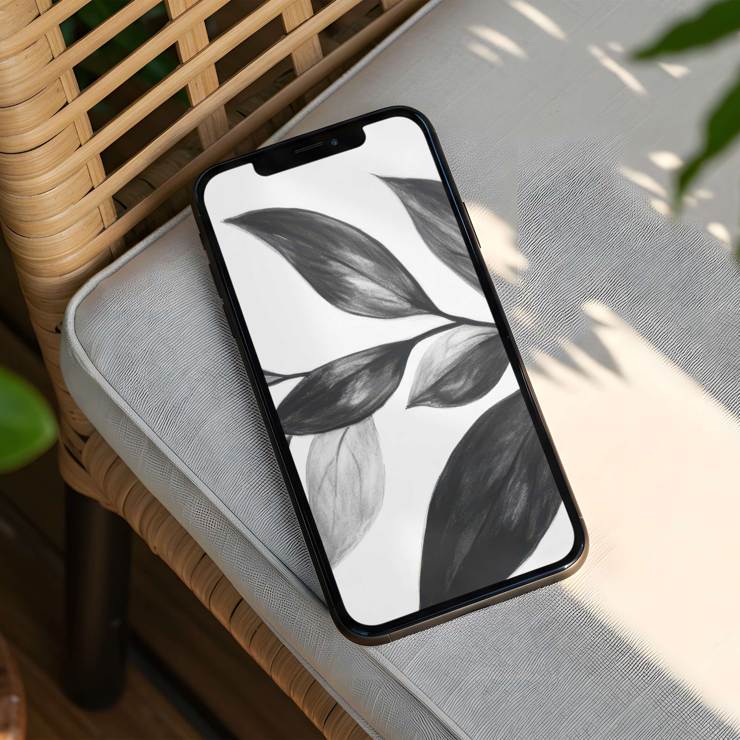 Sleek black and white leaf design iPhone background offering instant download for phone users seeking elegance and mindful inspiration
