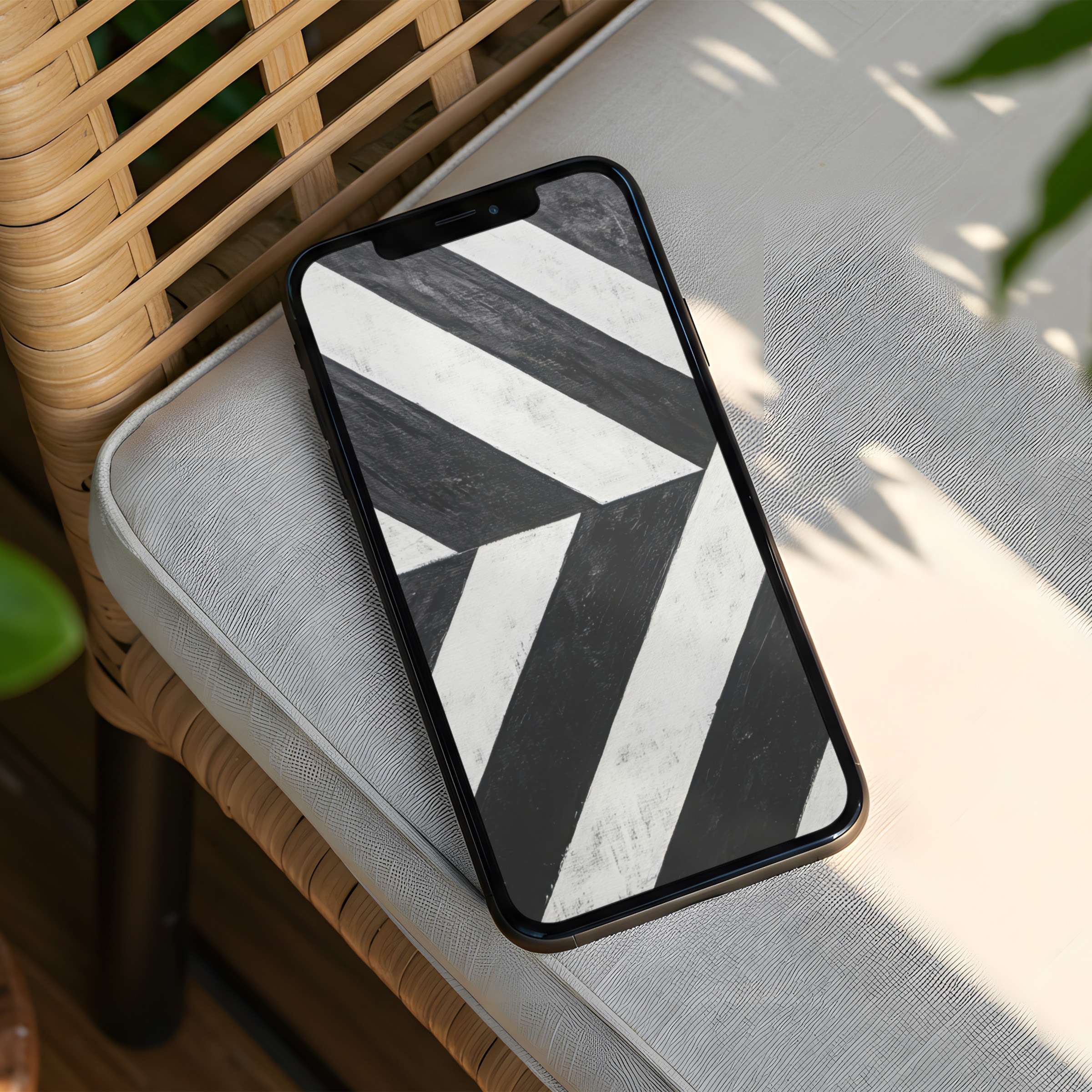 Elegant black and white geometric iPhone background on a phone in a serene setting perfect for instant download and mindful design
