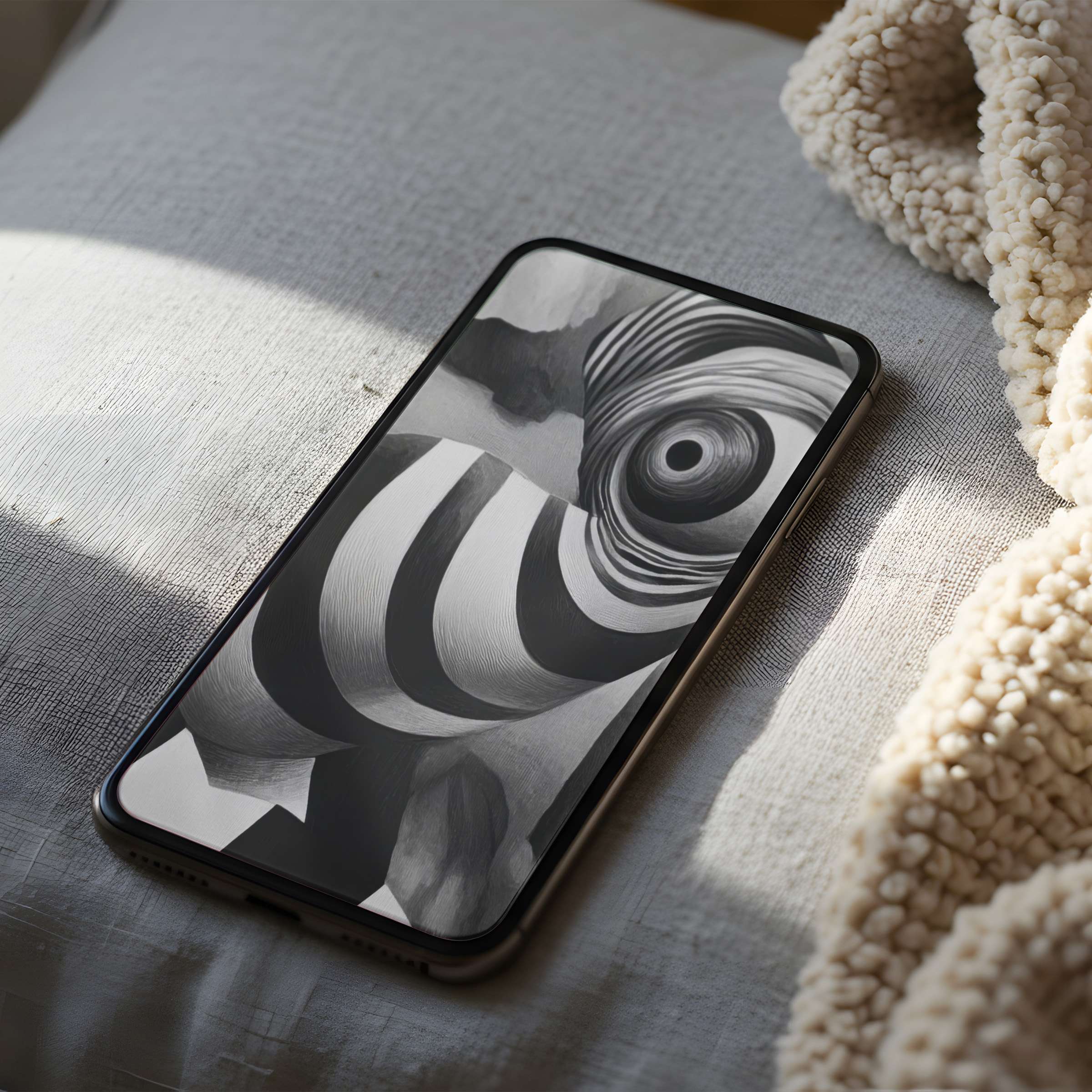 Elegant black and white abstract phone wallpaper on a high-resolution display rests on soft linen, perfect for iPhone and Android users