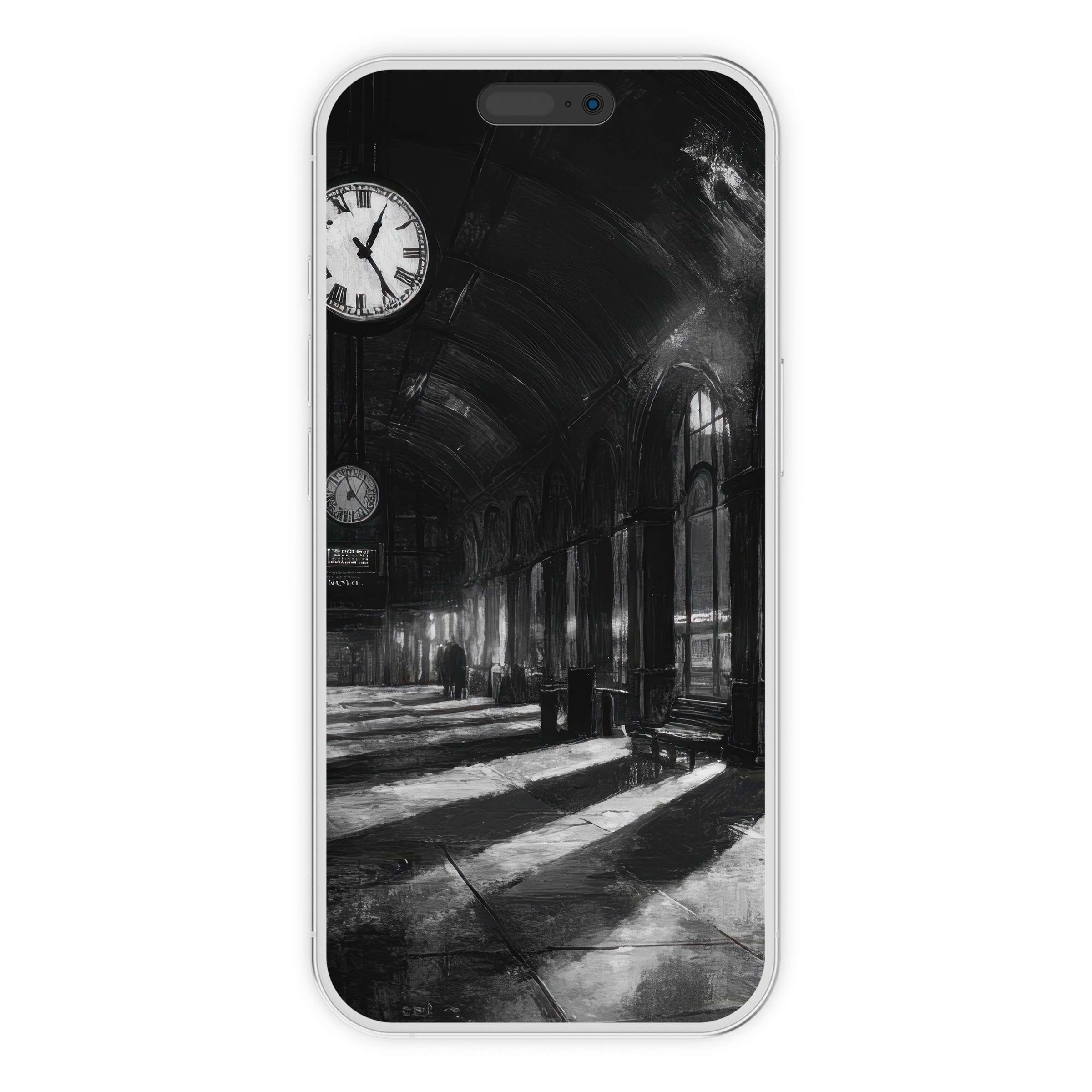 Elegant black and white iPhone wallpaper featuring a vintage clock in a serene hall for a sophisticated phone background digital download