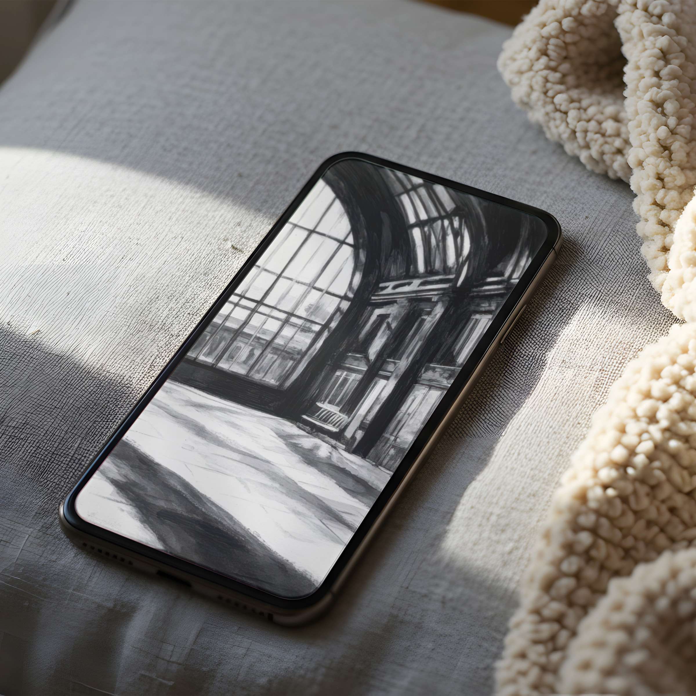 Elegant black-and-white painting phone wallpaper with serene architecture motif, suitable for iPhone and Android digital download