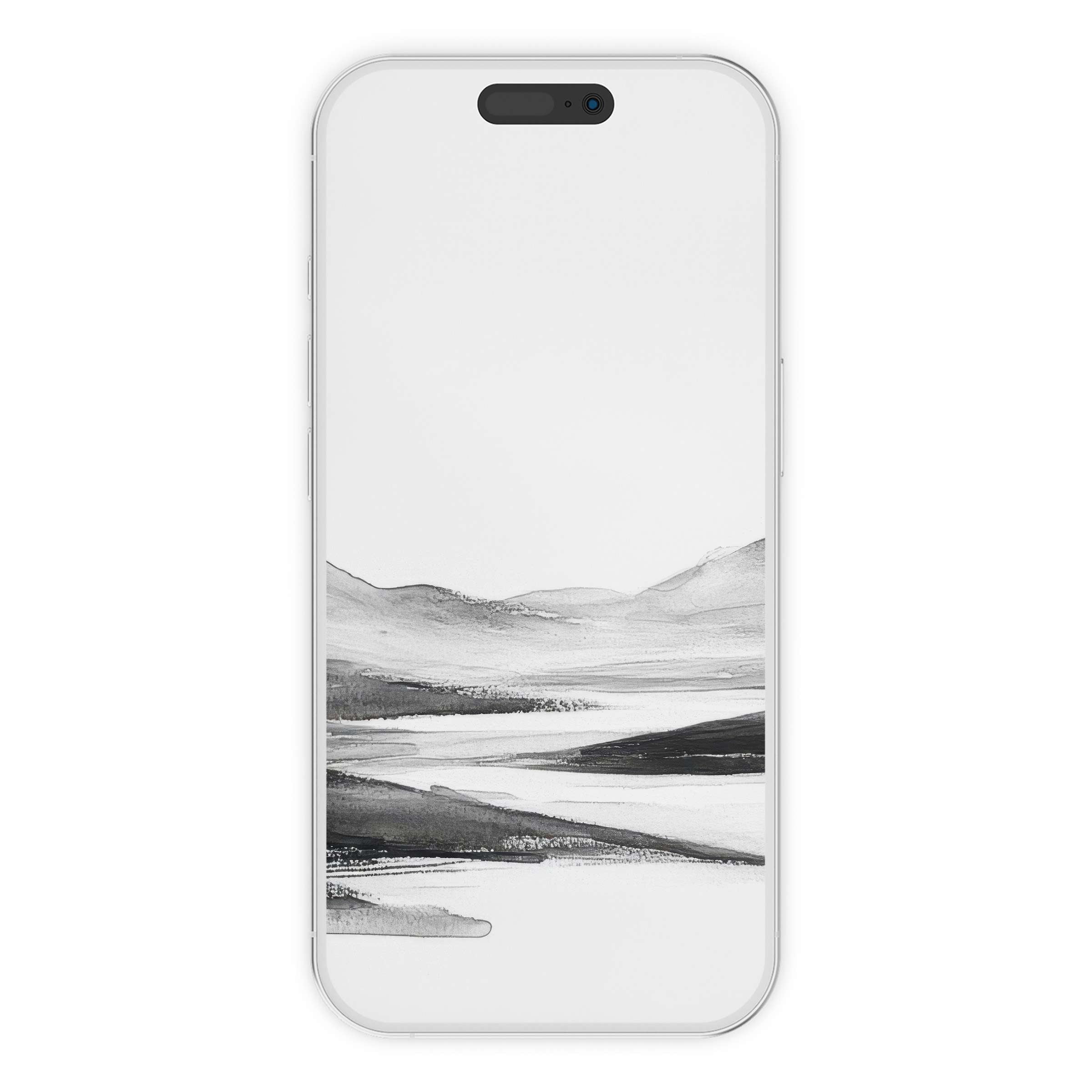 Elegant black and white iPhone wallpaper with serene mountains and lake, enhancing your phone background with digital download artistry