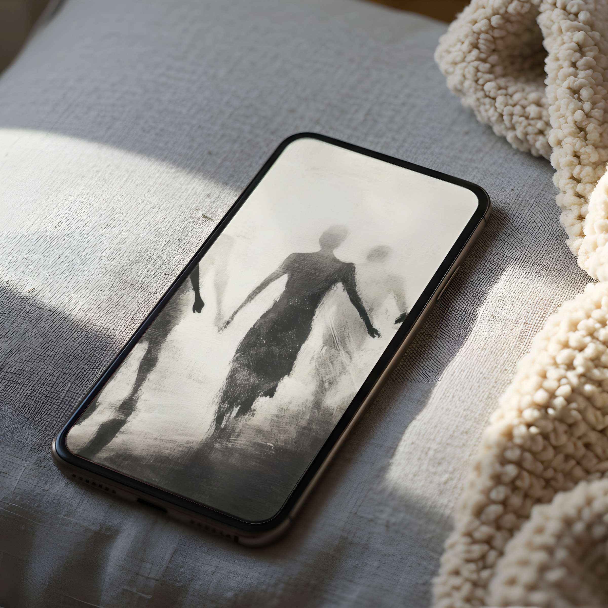 Elegant abstract figures in grayscale form a serene phone wallpaper on an iPhone, perfect for digital download and inspiration