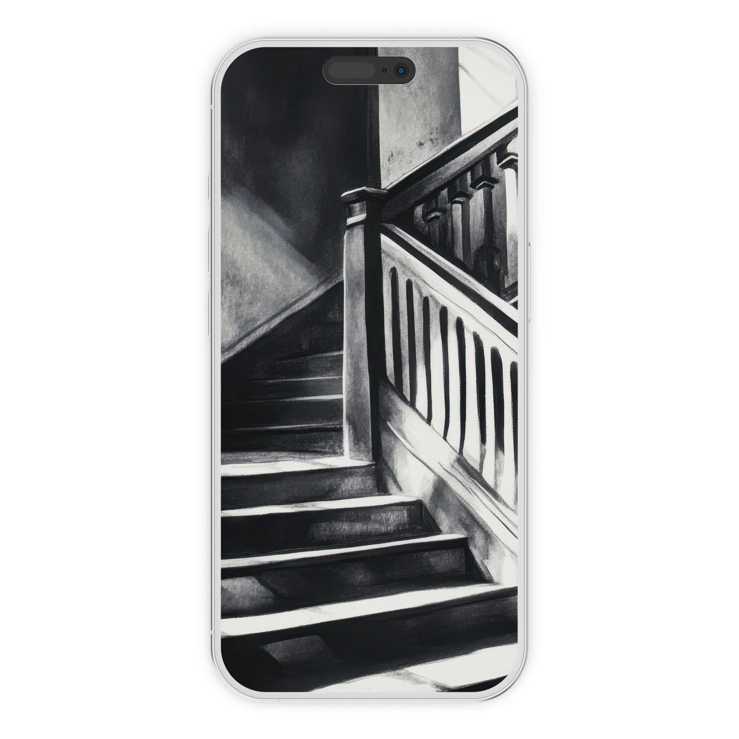 Elegant black and white iPhone wallpaper featuring a shadowed staircase, creating a calm, artistic phone background for digital download users