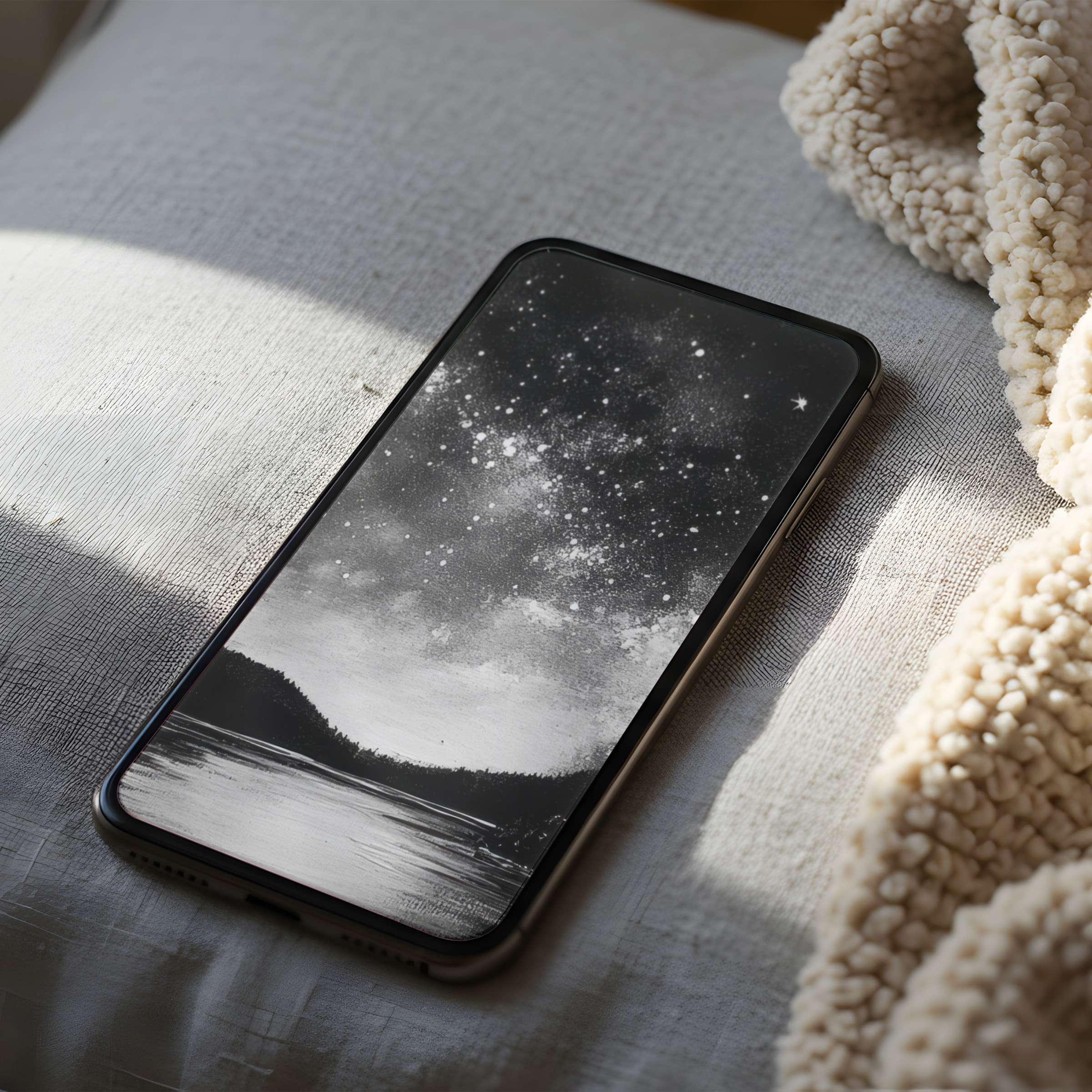 Elegant black and white phone wallpaper featuring a tranquil starry night over a serene lake high resolution for iPhone and android