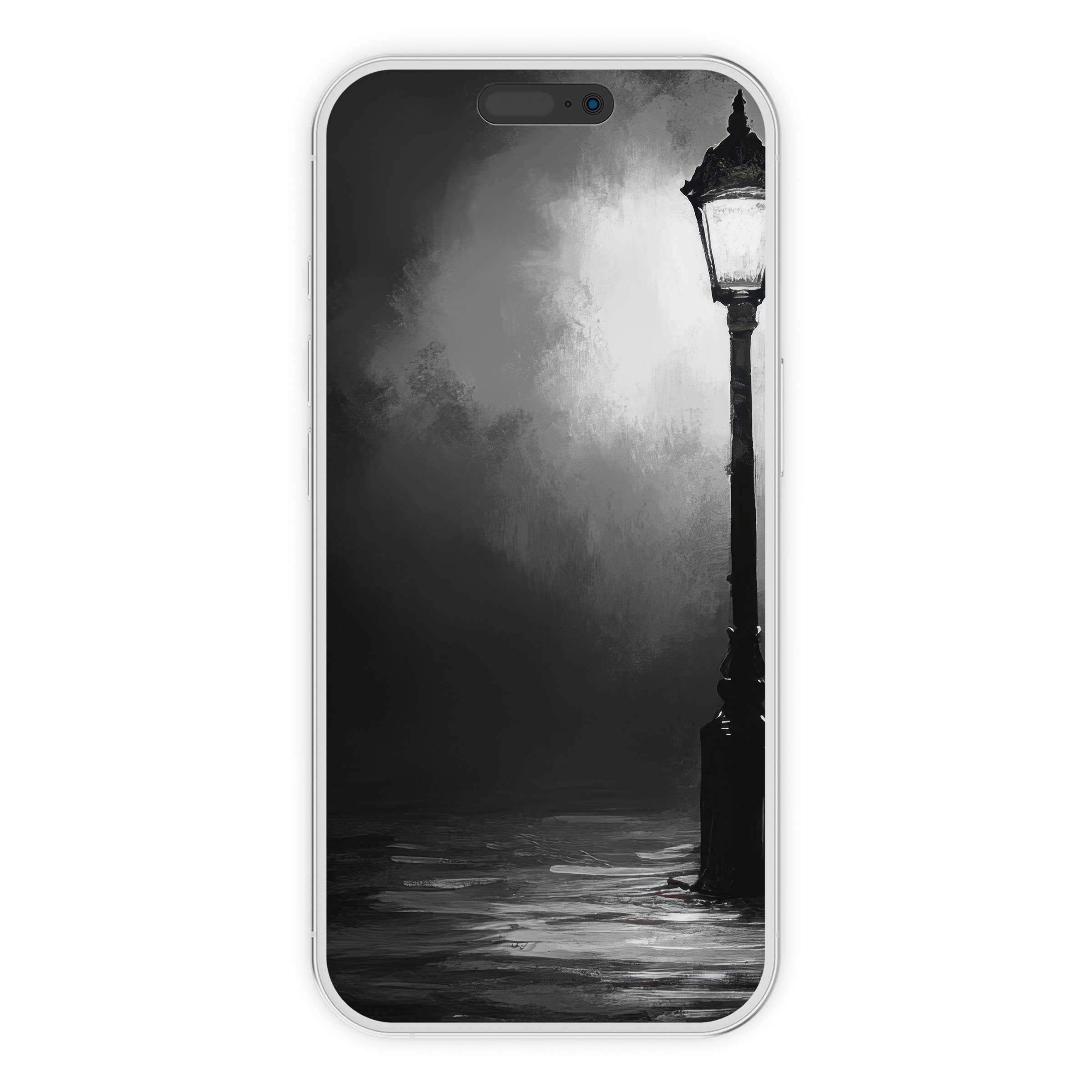 Black and white iPhone wallpaper featuring a serene streetlamp glow on a misty night ideal phone background digital download