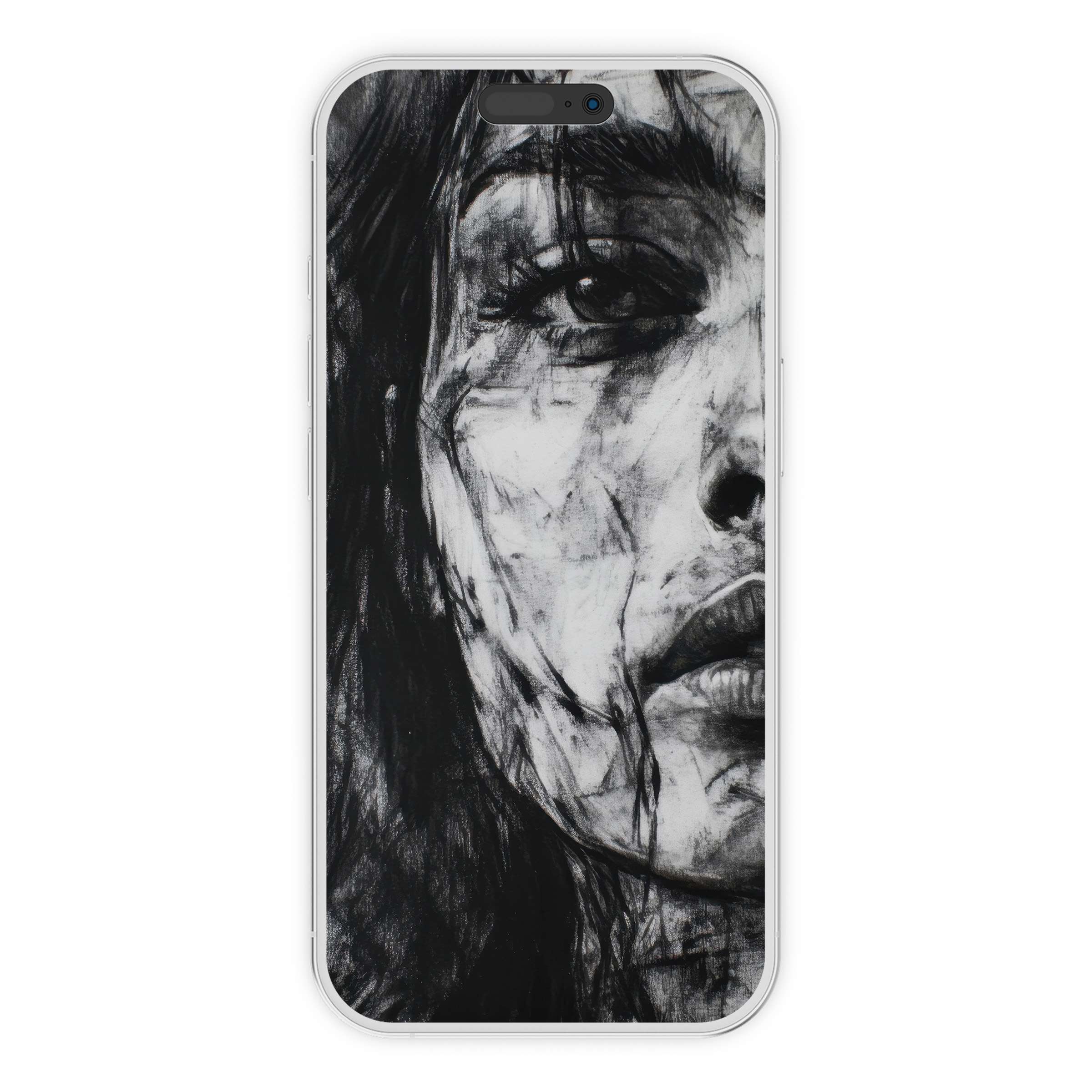 Elegant black and white iPhone wallpaper showcases abstract portrait art, perfect for a calming digital download phone background
