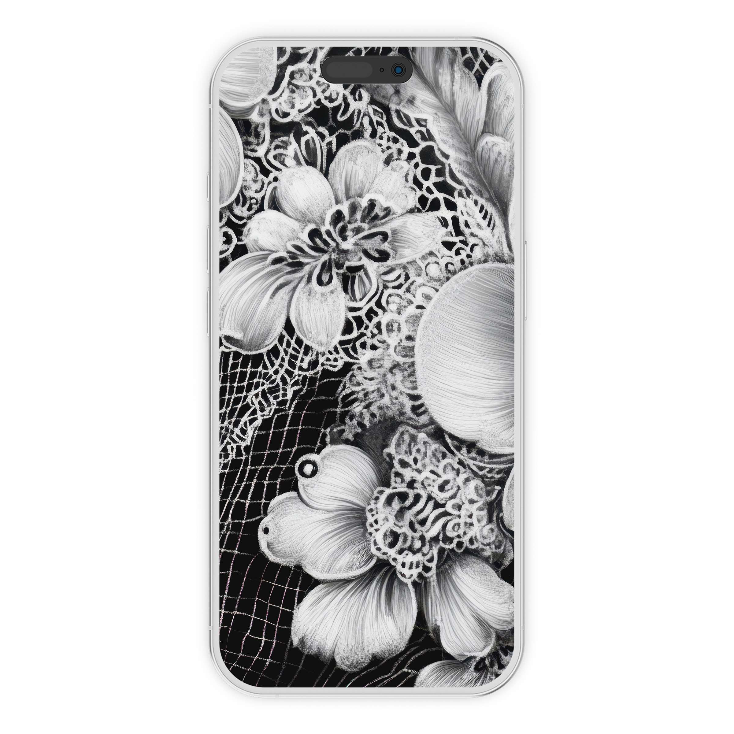 Elegant floral lace-inspired black and white iPhone wallpaper offers a calming, sustainable digital download phone background