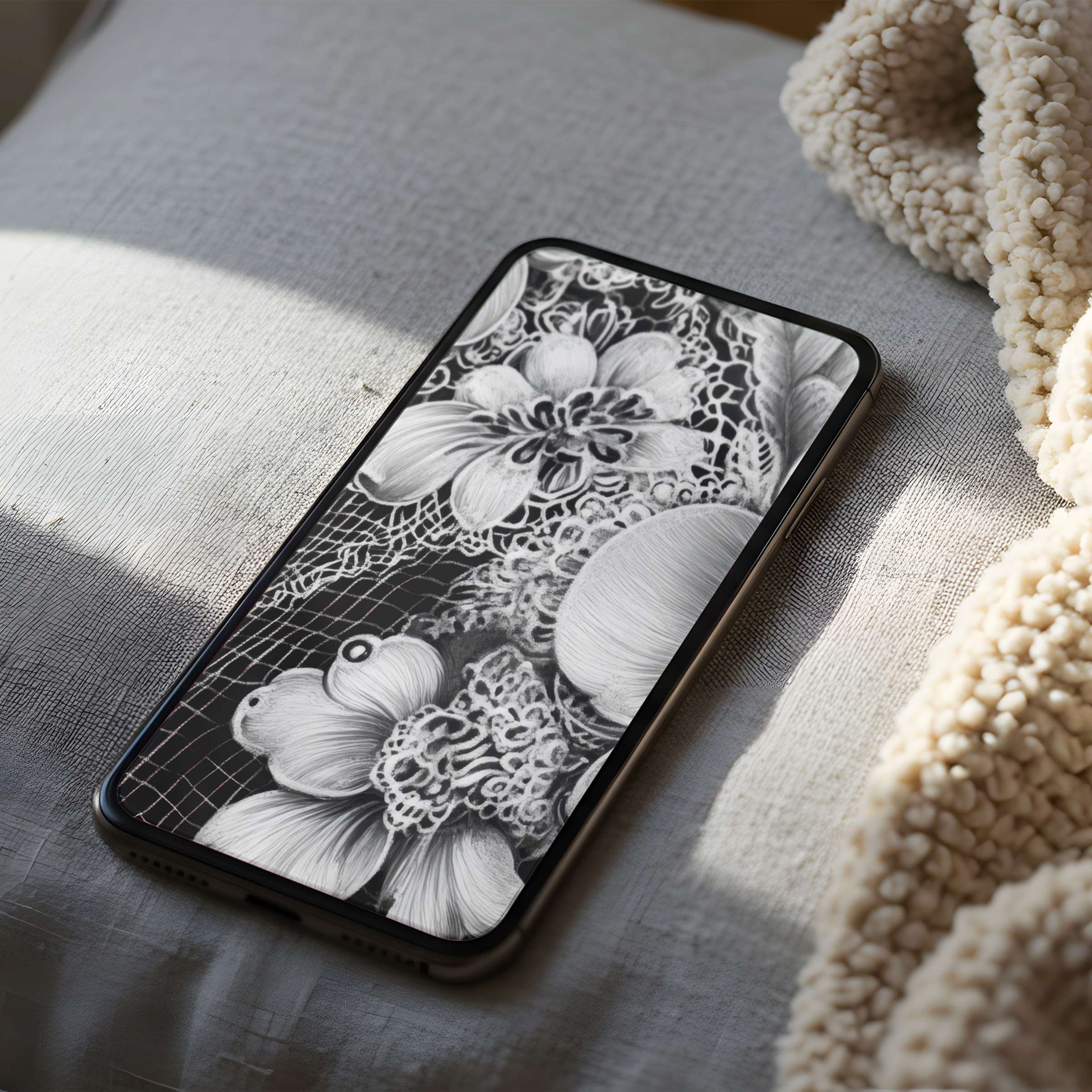 Elegant black and white floral phone wallpaper, high resolution digital art for iPhone and Android, ideal for serene aesthetic decor