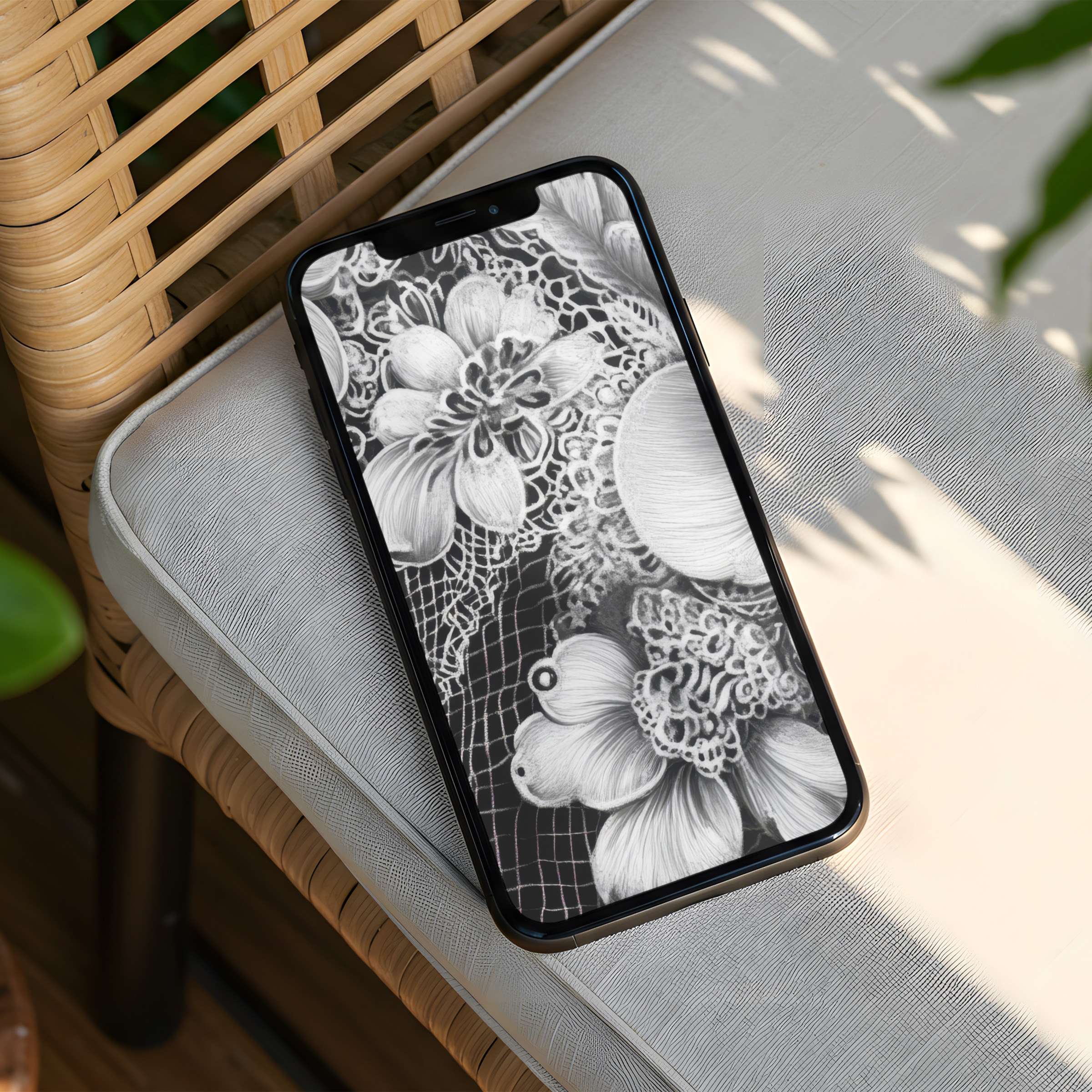 Elegant iPhone background featuring intricate floral patterns in monochrome hues for instant download elevates any phone's style