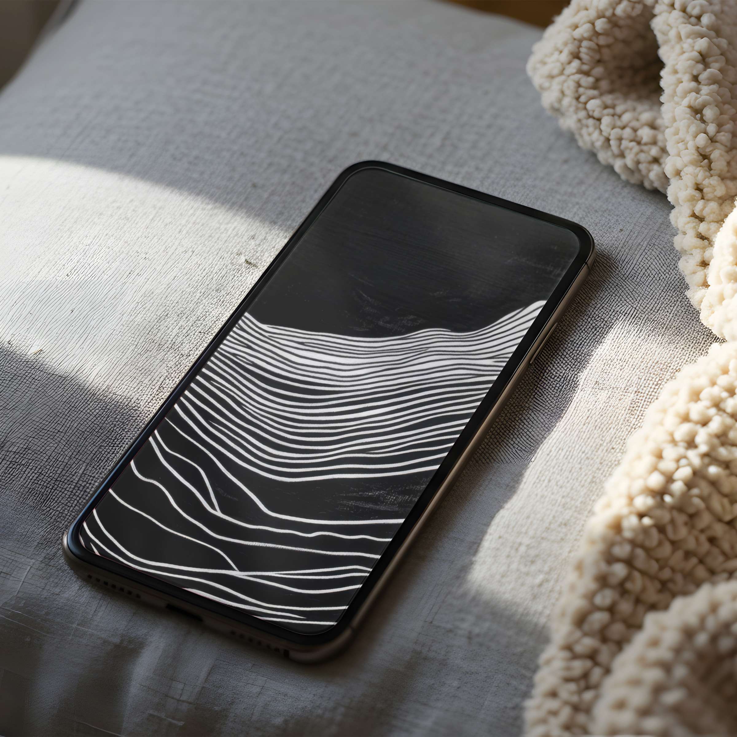 Elegant monochrome phone wallpaper featuring abstract wavy lines in high resolution, perfect for iPhone and Android digital download