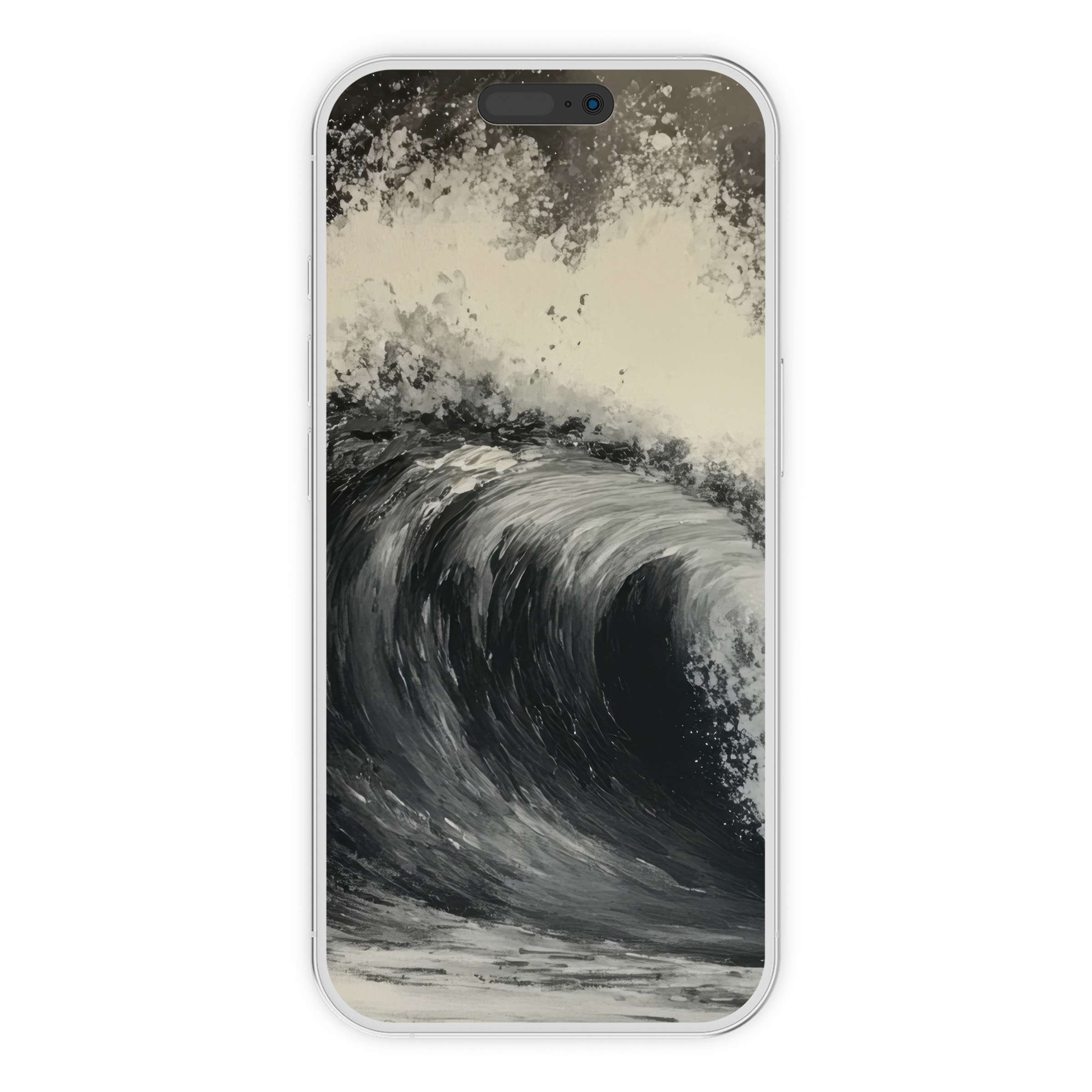 Elegant black and white iPhone wallpaper featuring a digital download of a dynamic wave, perfect phone background for serene aesthetics