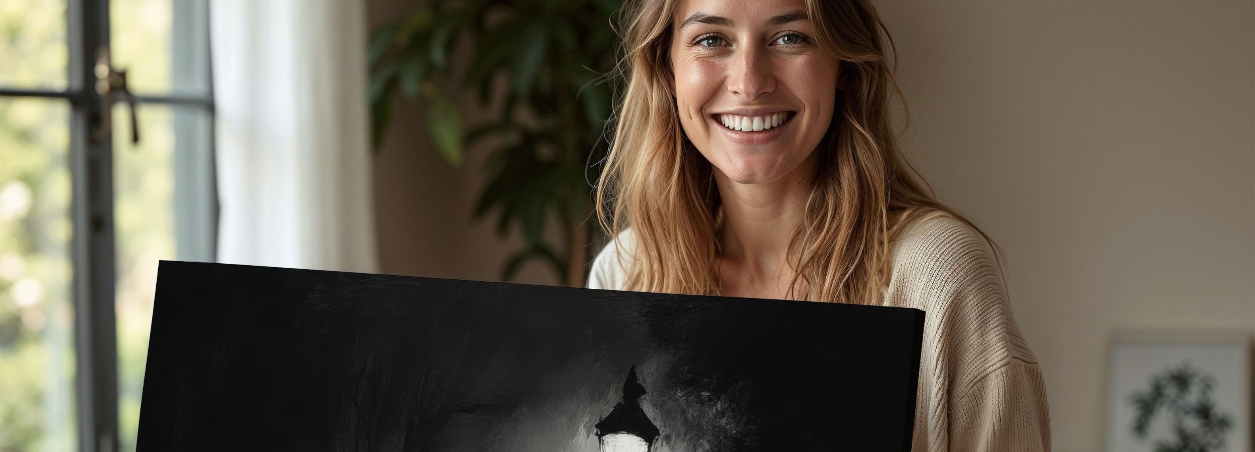 Black and white printable wall art featuring a glowing streetlamp in a foggy night scene, held by a smiling woman in a cozy modern home setting