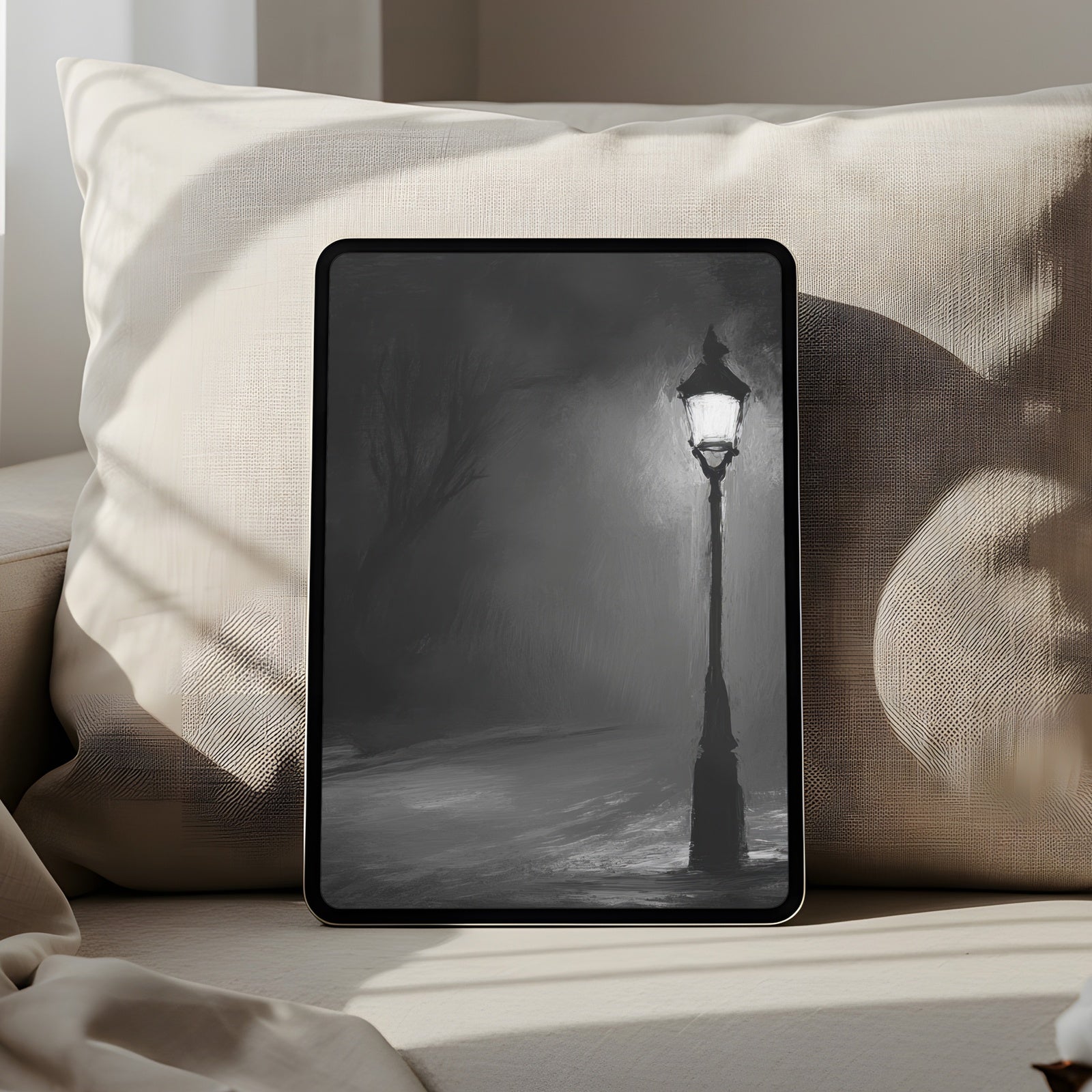 Black and white iPad wallpaper featuring a glowing streetlamp on a misty night. A moody and elegant digital background that adds depth, atmosphere and timeless sophistication to your tablet screen