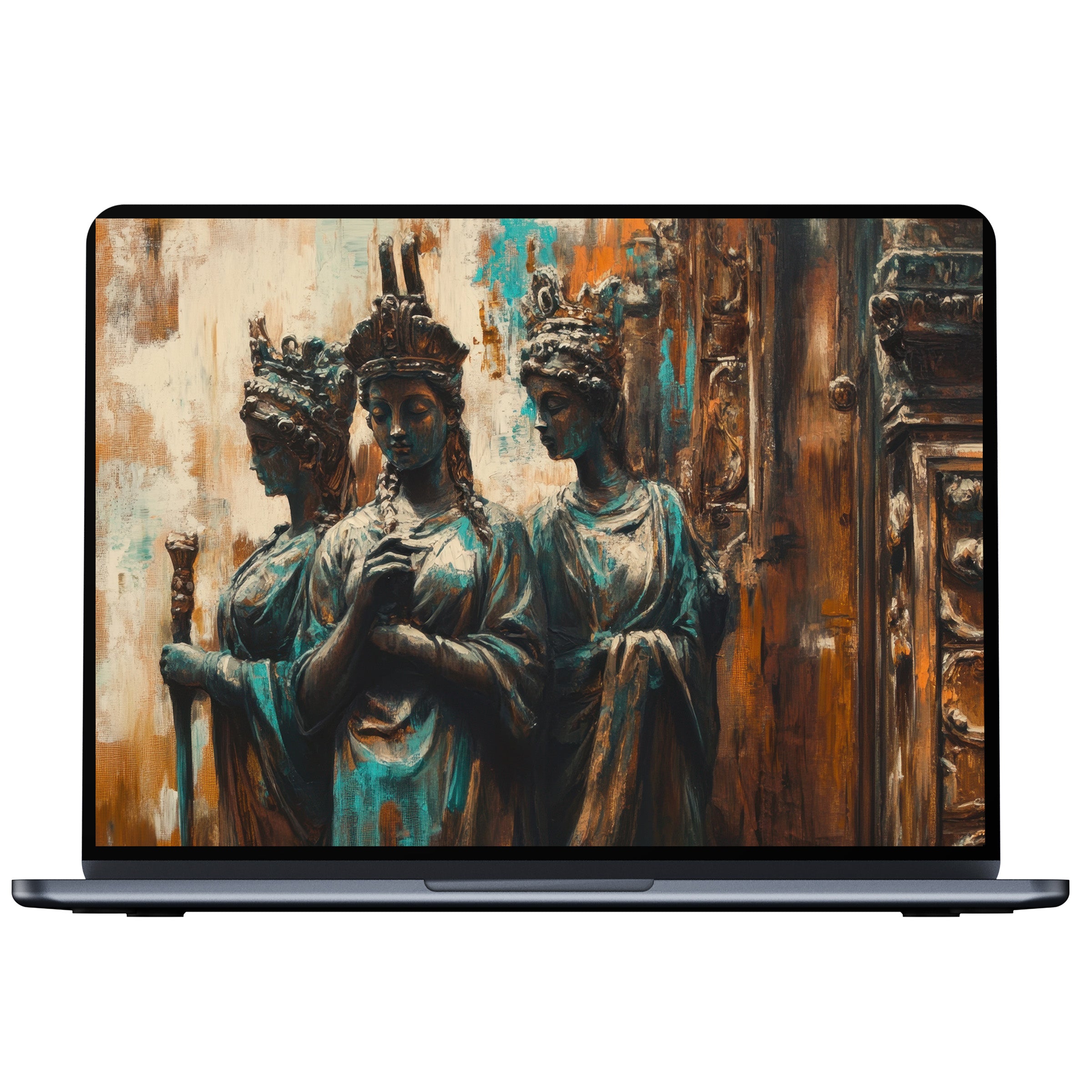 Boho desktop wallpaper featuring artistic ancient statues in earthy tones, ideal digital download for PC or laptop users seeking elegance
