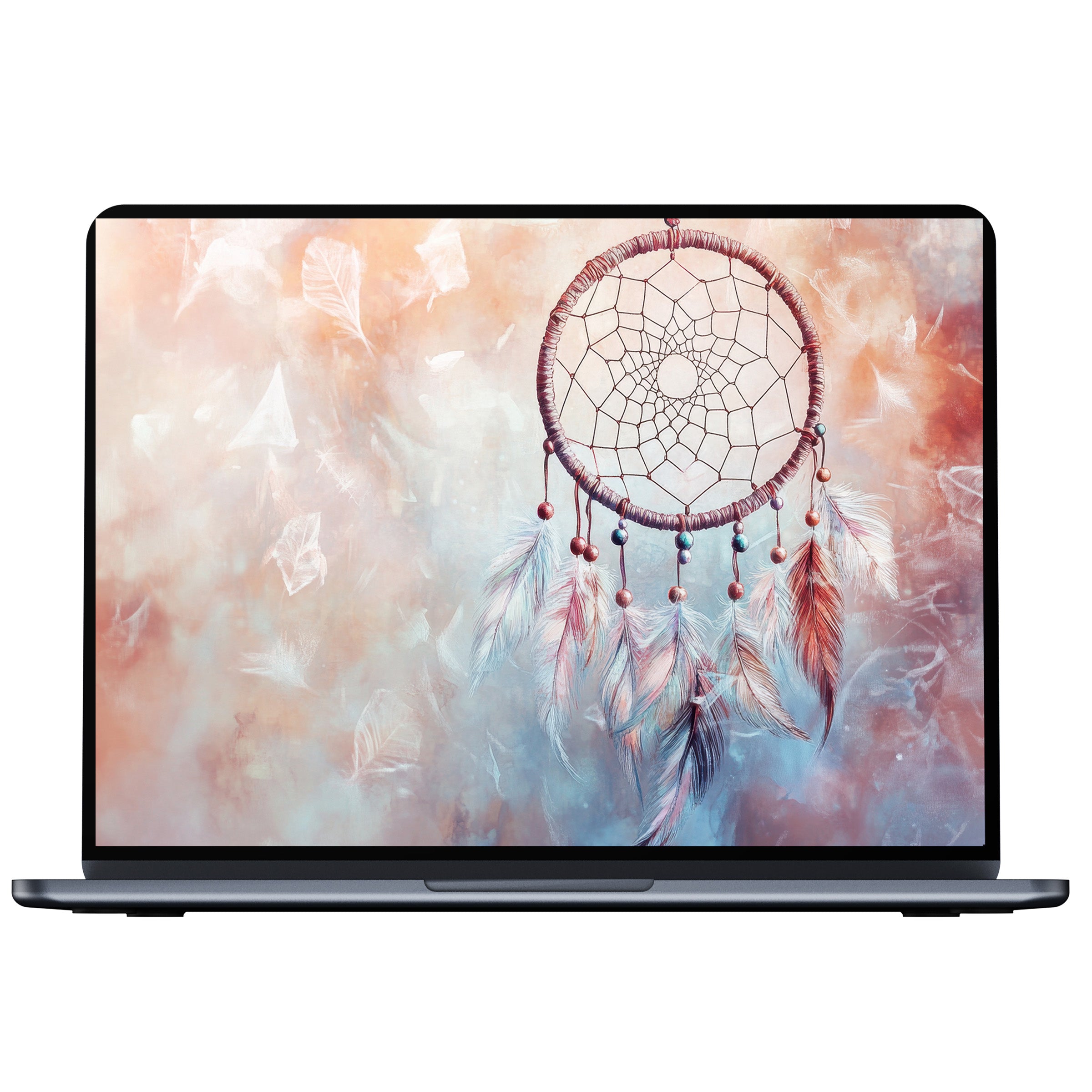 Boho desktop wallpaper with pastel dreamcatcher design, perfect digital download for PC, Laptop, Mac users seeking calm elegance