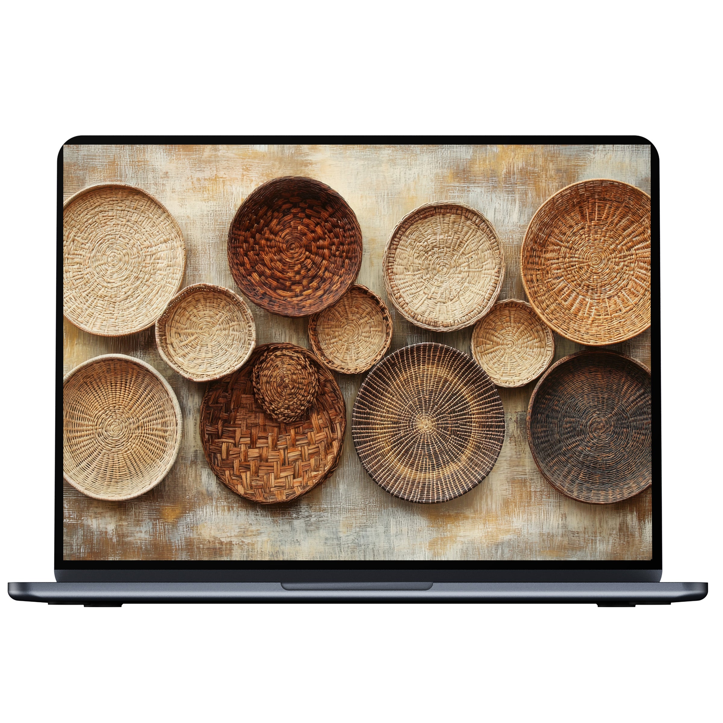 Boho desktop wallpaper with woven basket textures for digital download inspires calm elegance on PC, Laptop, and Mac screens