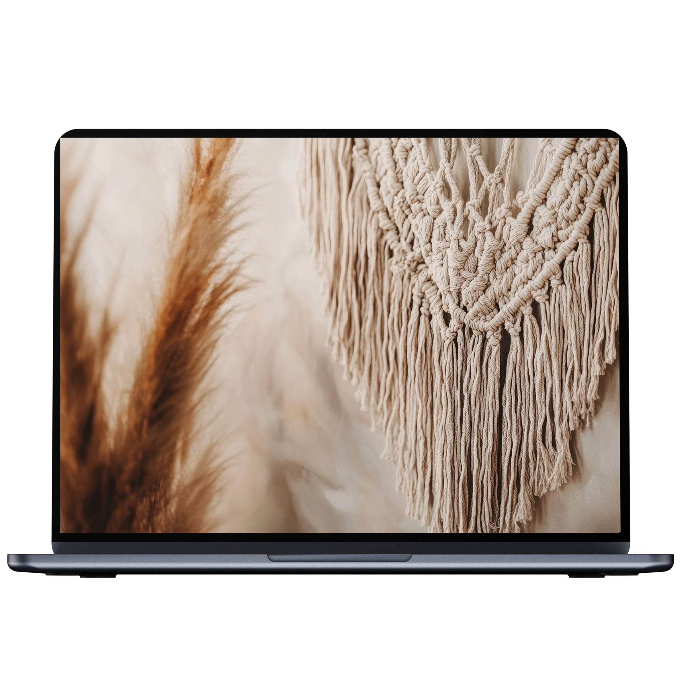Boho desktop wallpaper featuring soft beige macramé art evokes calm and elegance, perfect for PC or laptop digital download lovers