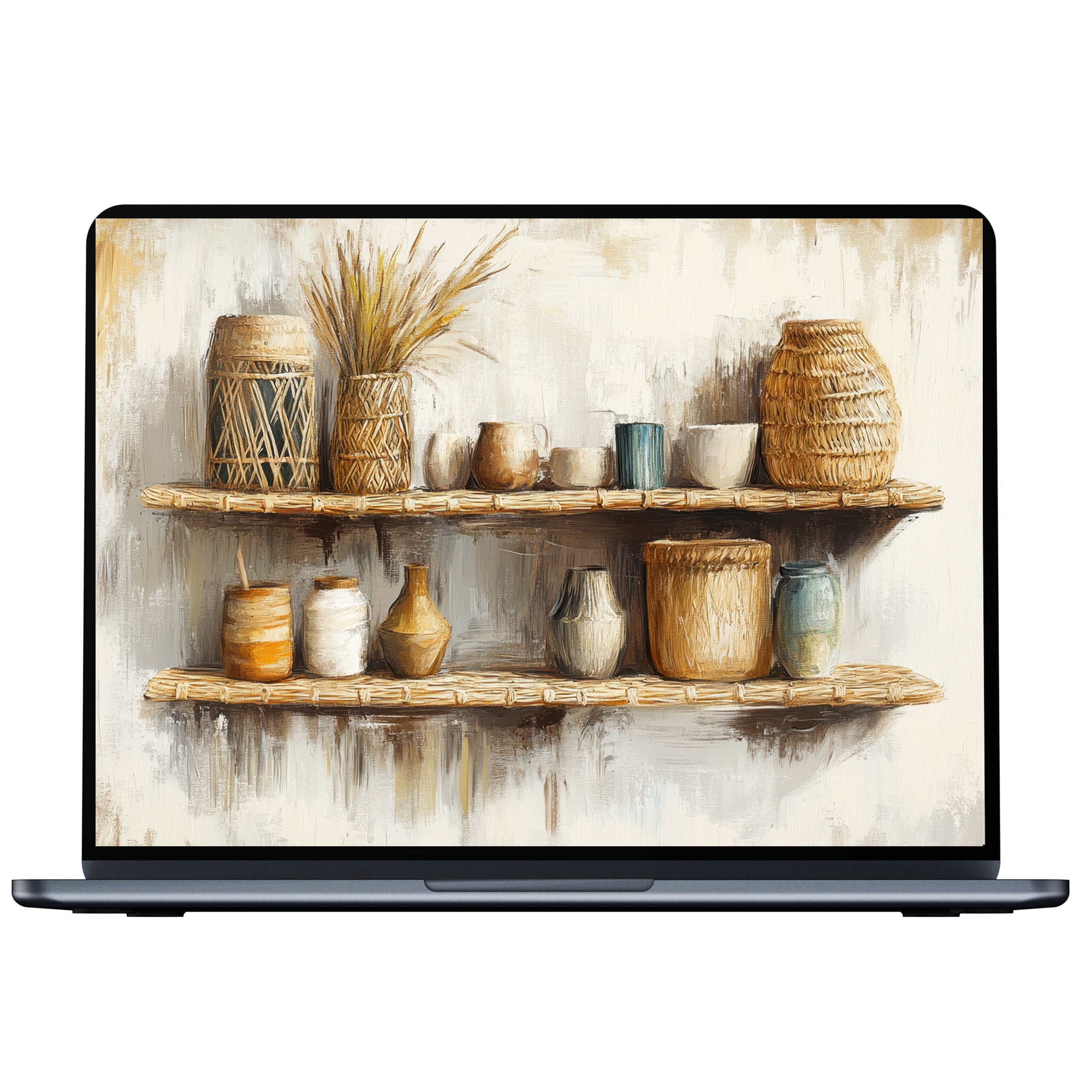 Boho desktop wallpaper digital download featuring earthy pottery on textured shelves inspiring calm elegance for PC, laptop, Mac use