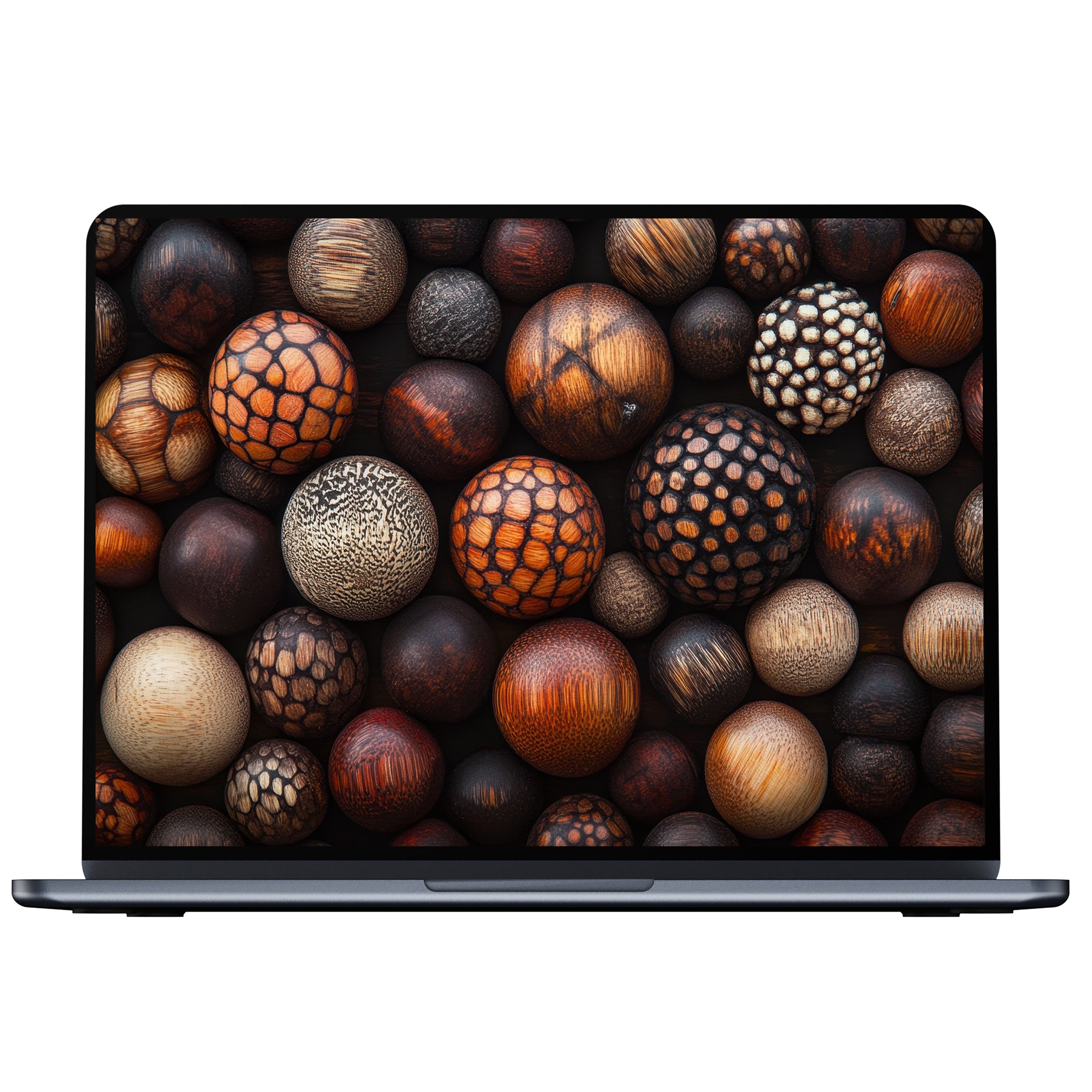 Boho desktop wallpaper featuring earthy wooden spheres, providing calm elegance for PC, laptop or Mac digital download