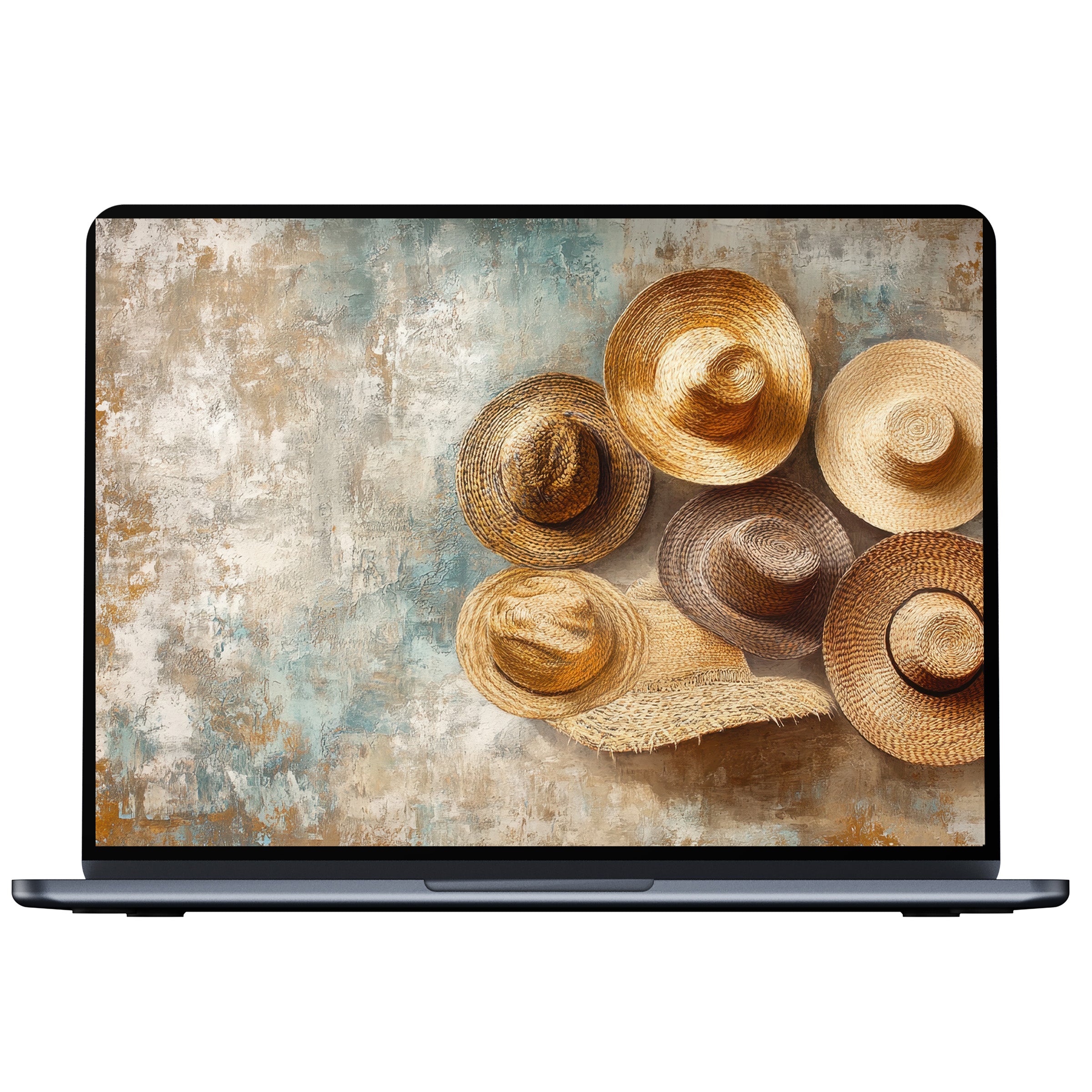 Boho desktop wallpaper featuring earthy straw hats against a textured backdrop digital download for PC and laptop style refresh