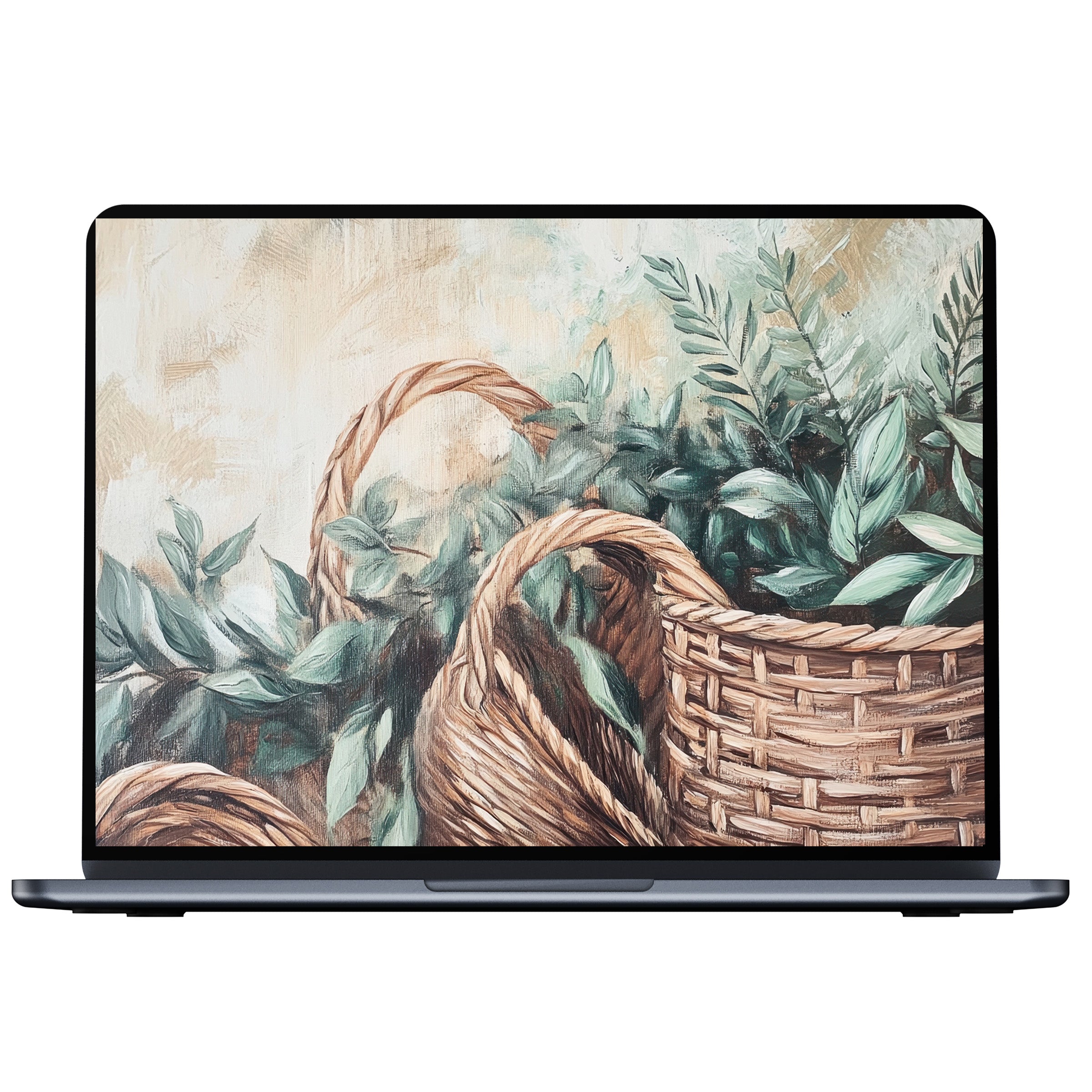 Boho desktop wallpaper digital download featuring earthy wicker baskets and lush green foliage fits PC laptop or Mac for serene inspiration