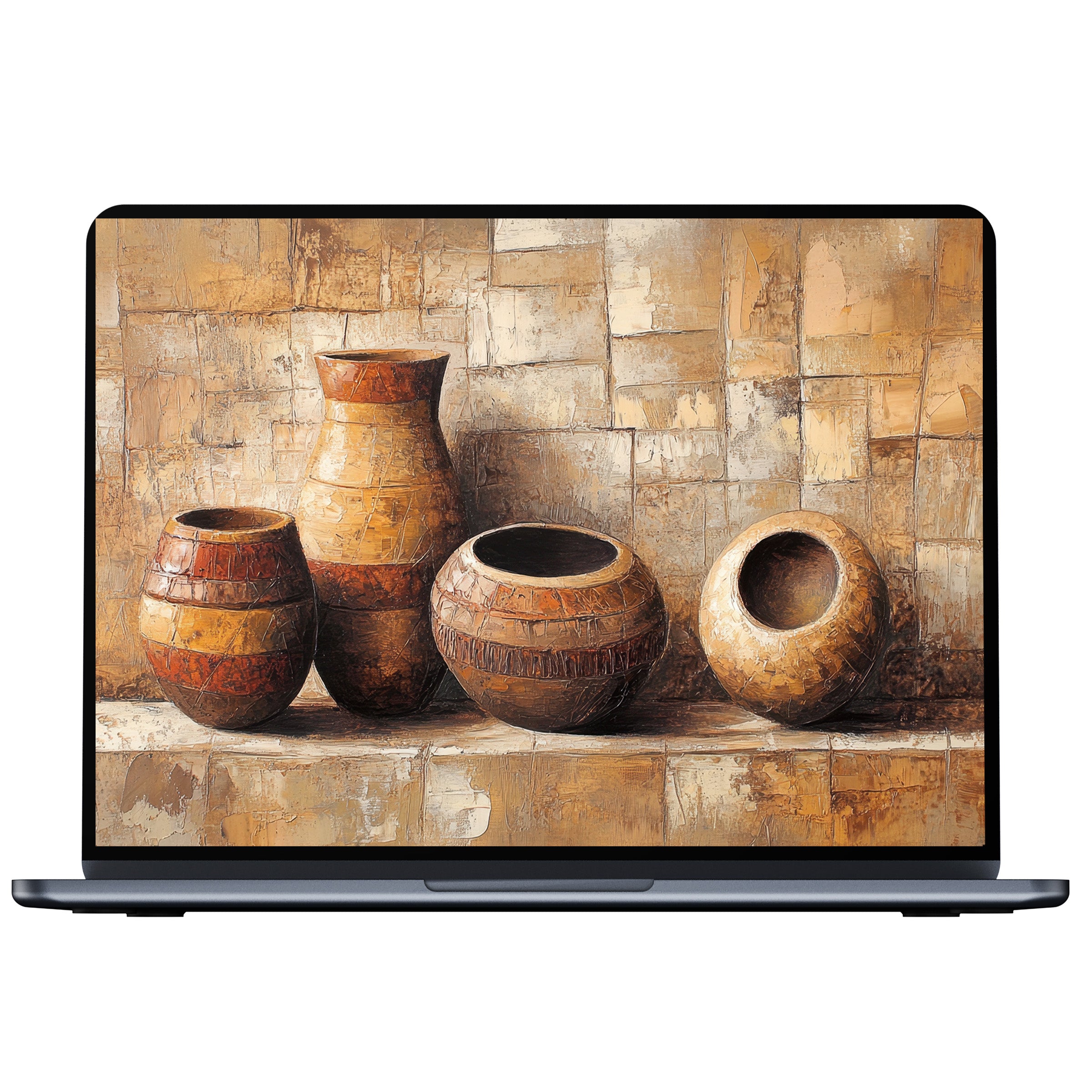 Boho desktop wallpaper featuring textured earthy vases evokes calm on PC or laptop digital download perfect for Mac users
