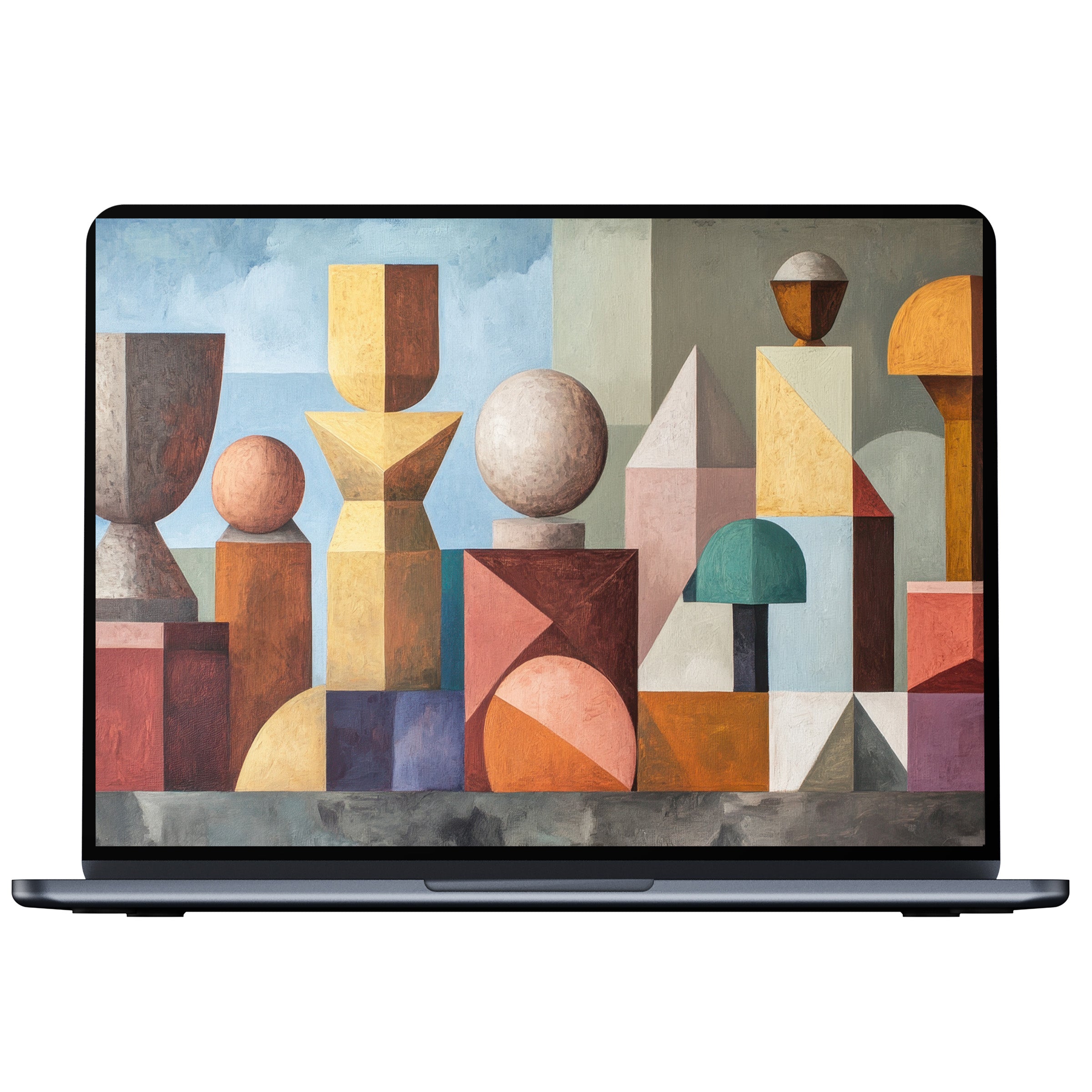 Boho desktop wallpaper featuring abstract geometric shapes in earthy tones for a calm digital download fitting any PC or laptop screen