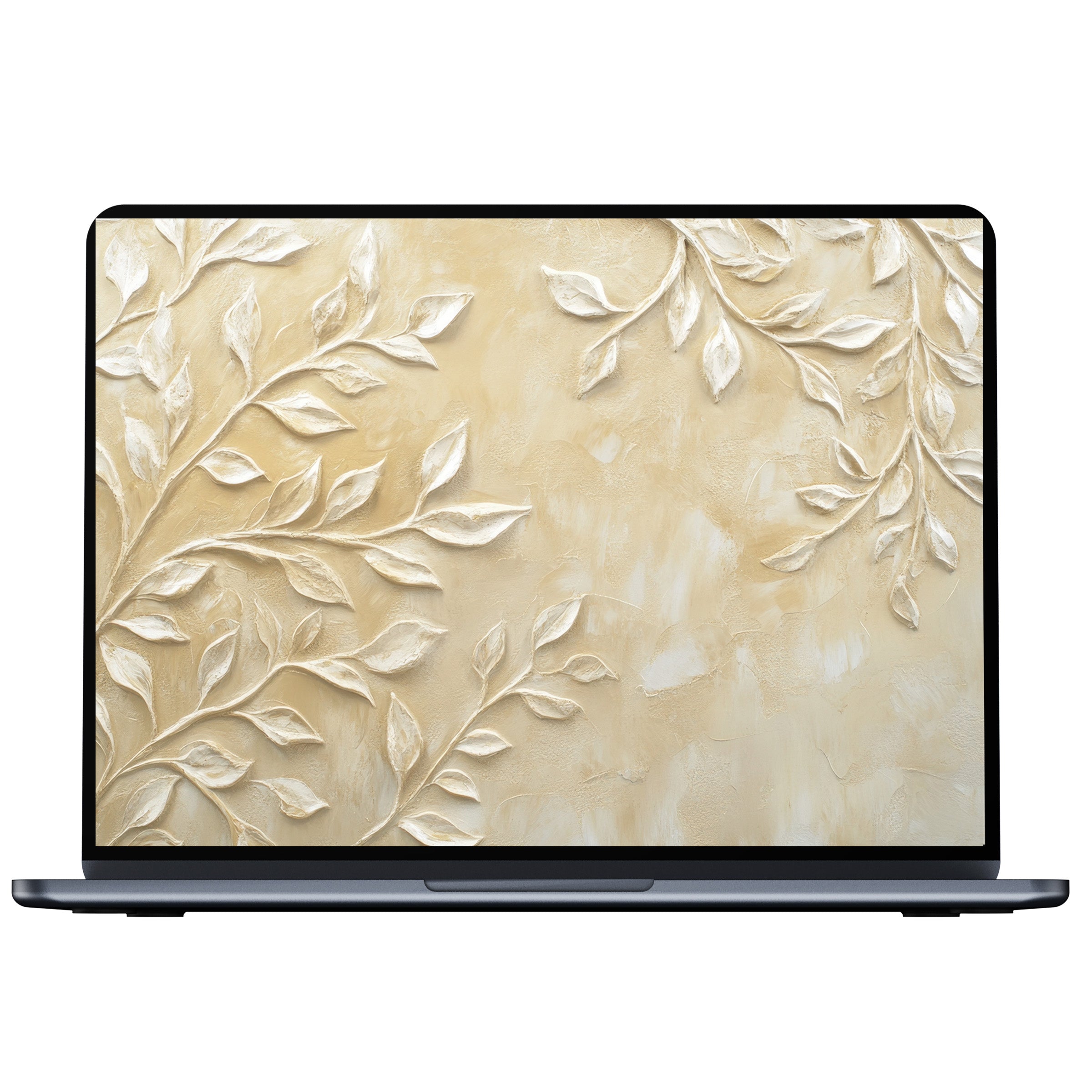 Elegant boho desktop wallpaper featuring textured cream leaves on beige background for calm digital download suitable for PC and laptop