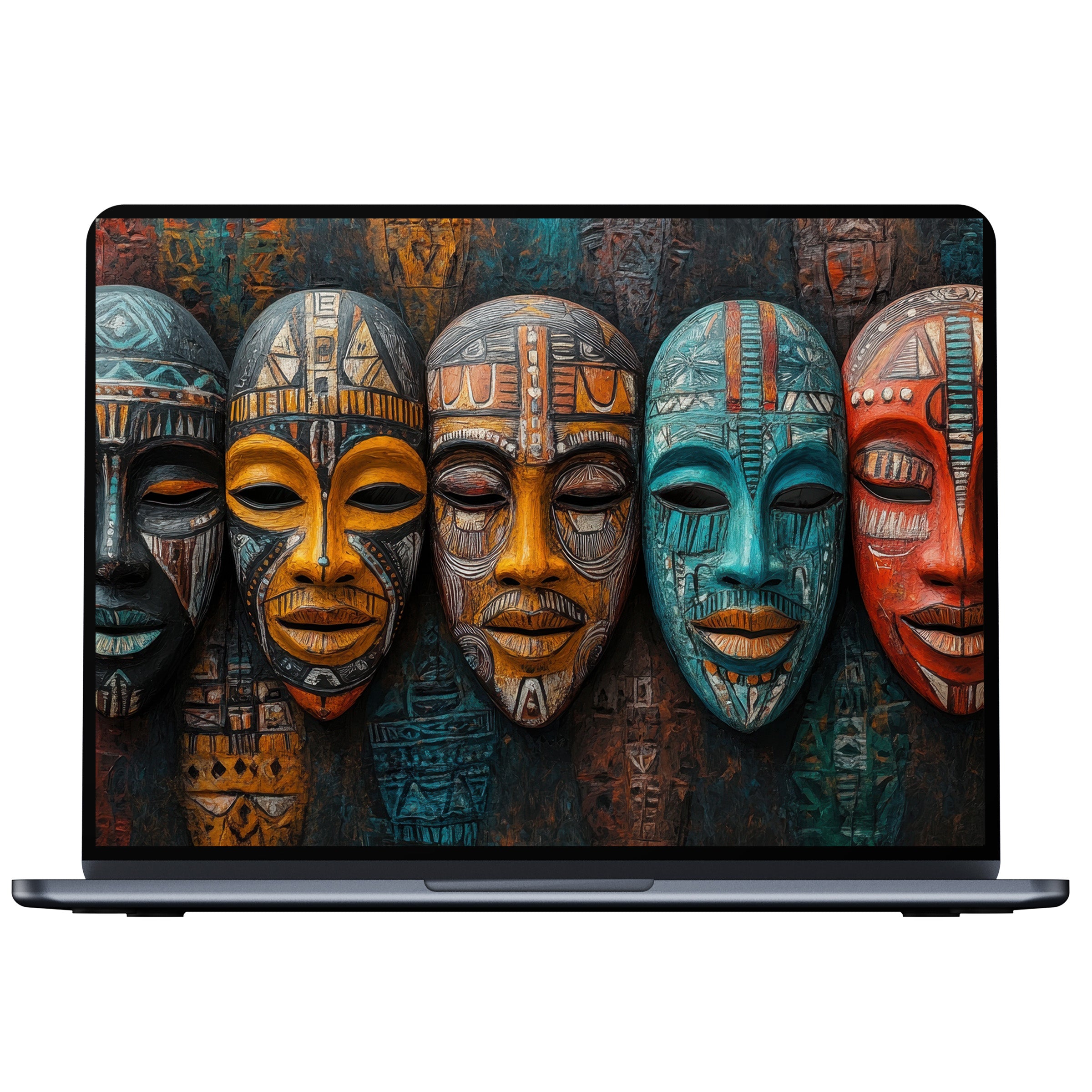 Elegant boho desktop wallpaper featuring vibrant tribal masks in rich earthy tones digital download perfect for PC and laptop screens