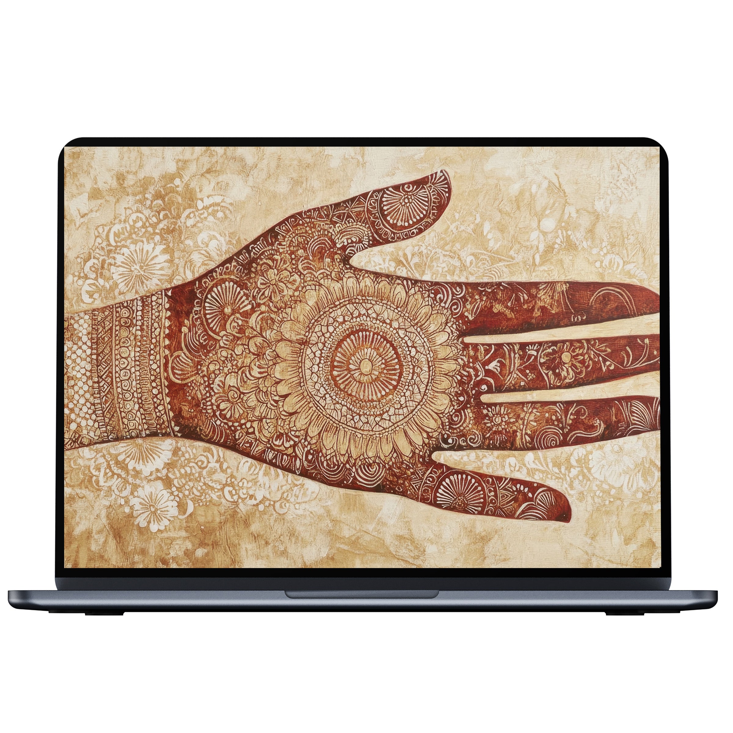 Boho desktop wallpaper featuring intricate henna-inspired designs in earthy tones for an elegant digital download on PC or laptop