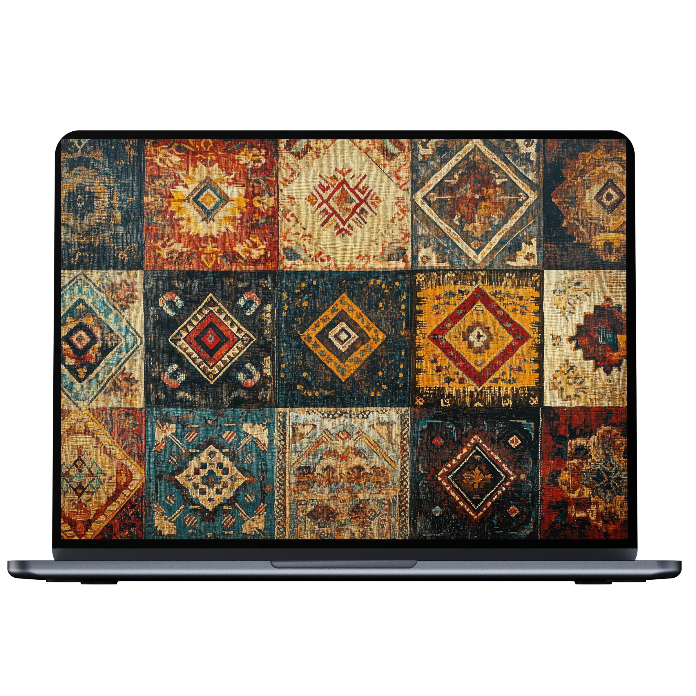 Boho desktop wallpaper digital download features vibrant earthy tones and geometric patterns for PC, laptop, and Mac users seeking elegance and calm