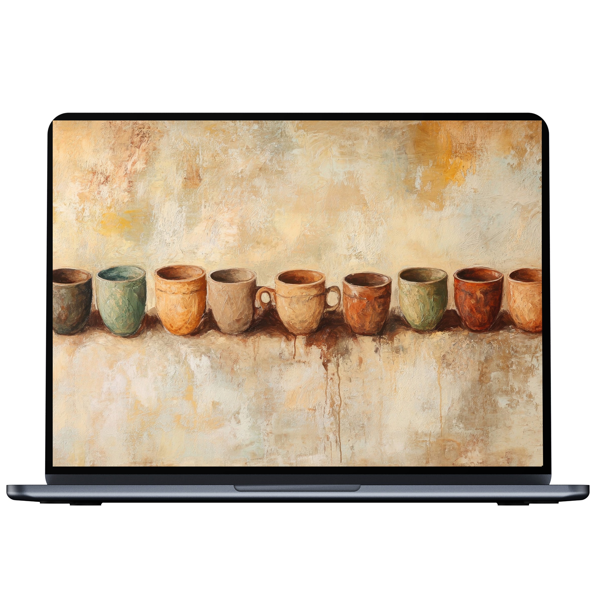 Warm boho desktop wallpaper features earthy tones and textured cups for calm inspiration on your PC, laptop, or Mac digital download