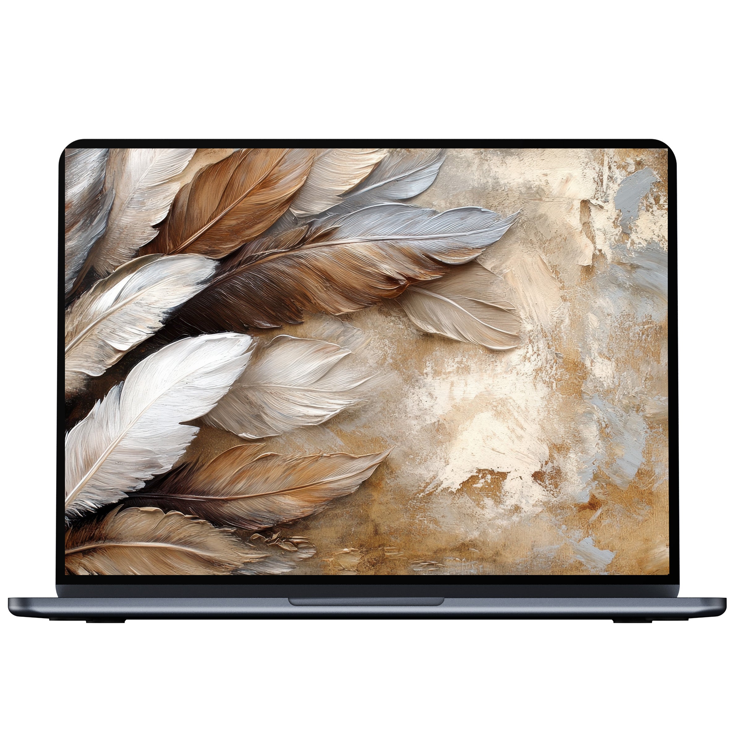 Elegant boho desktop wallpaper digital download featuring earthy feather textures for calm inspiration on PC and laptop screens